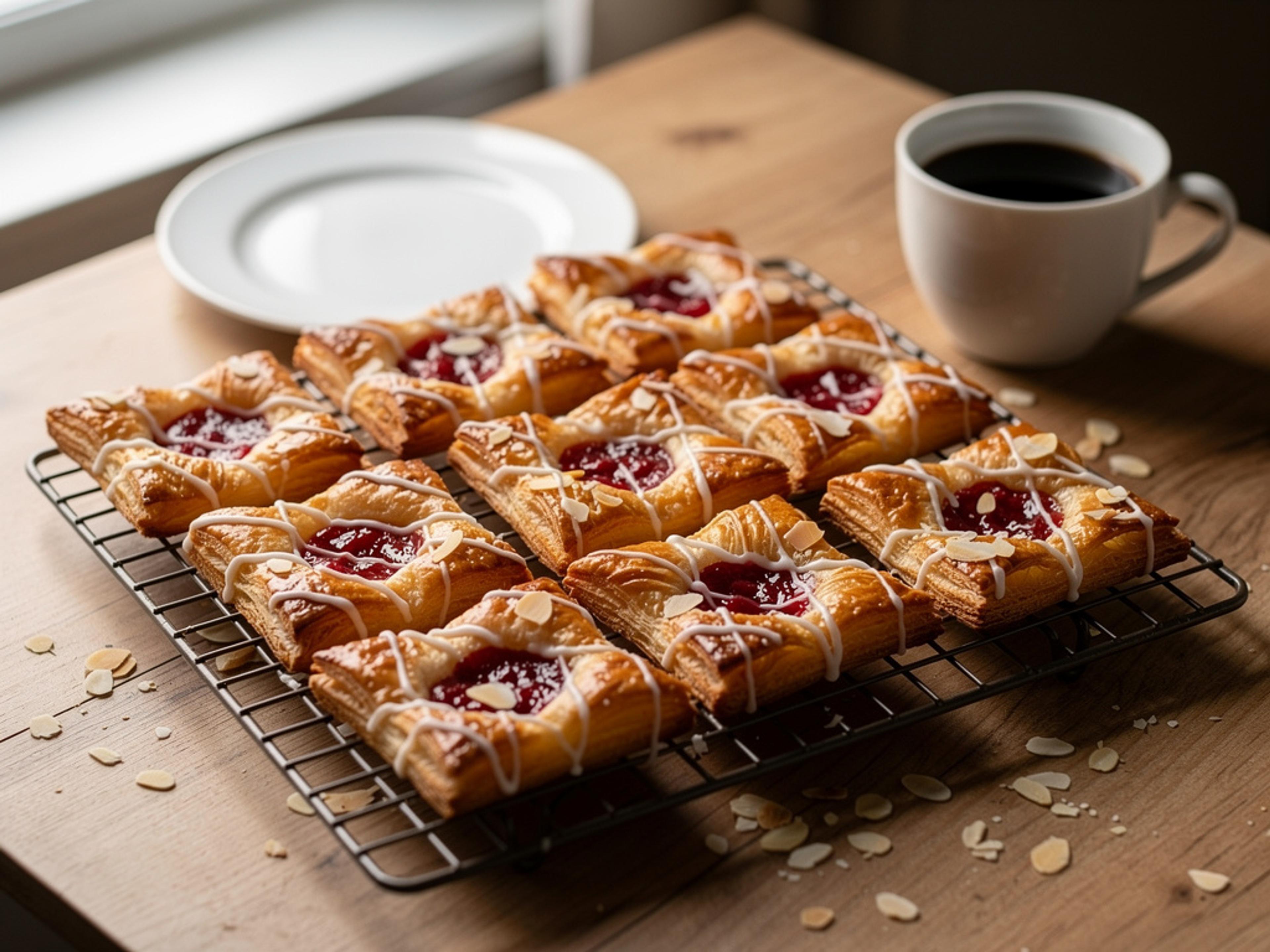 Square Danish pastries with almond filling, raspberry jam centers, sliced almonds and white icing on a wire rack