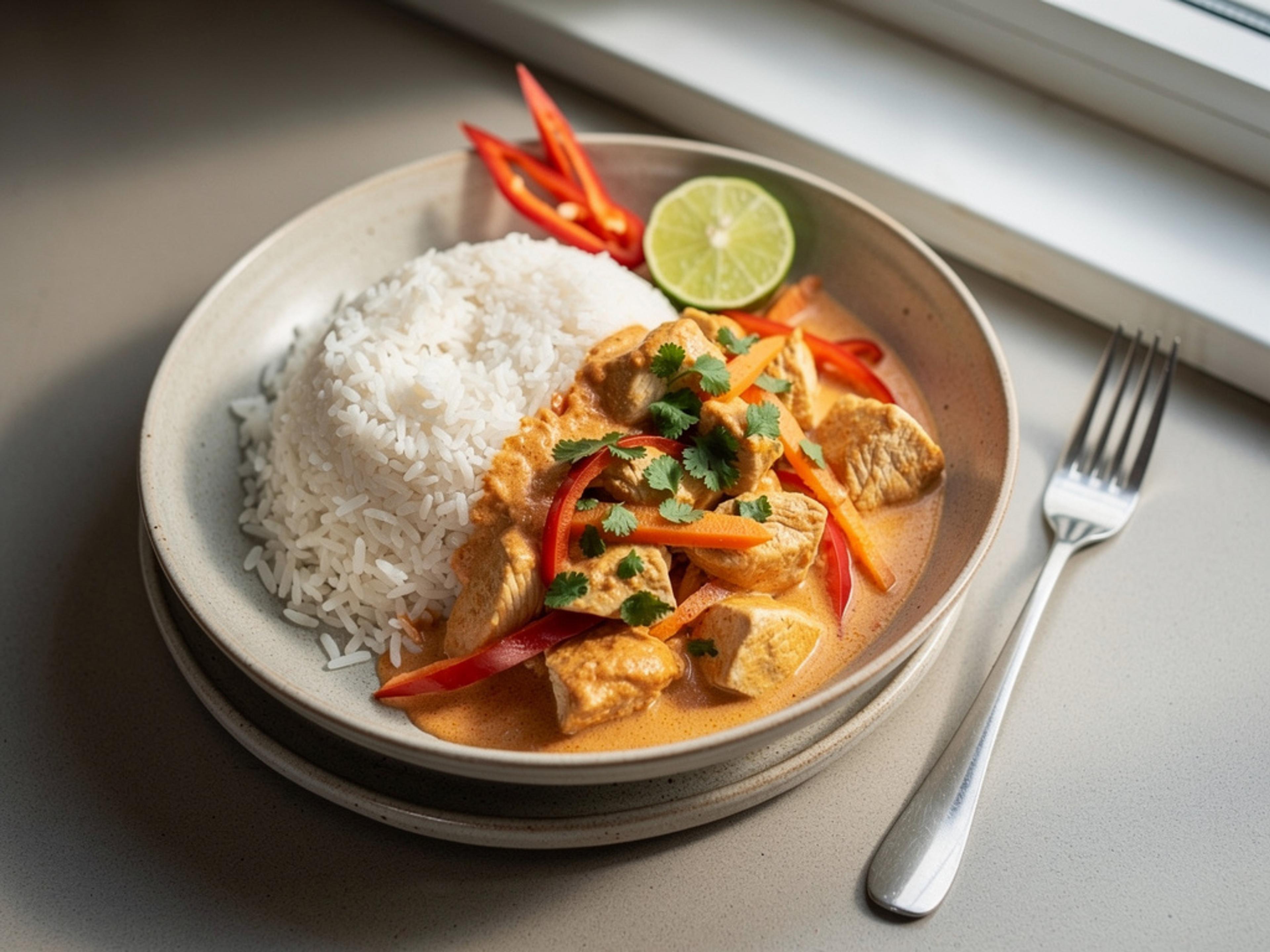 Bowl of mild coconut chicken curry with bell pepper and carrot served over white rice, topped with cilantro