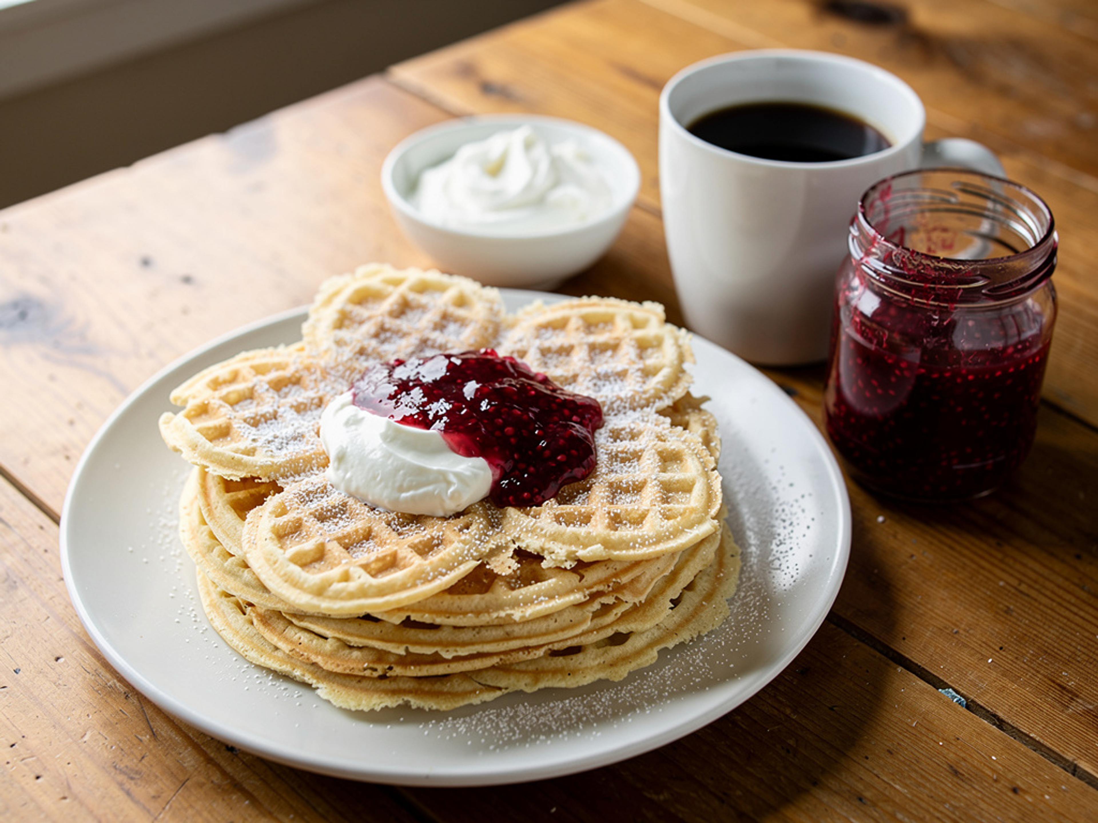 Stack of heart-shaped Norwegian waffles with sour cream and raspberry jam on a white plate