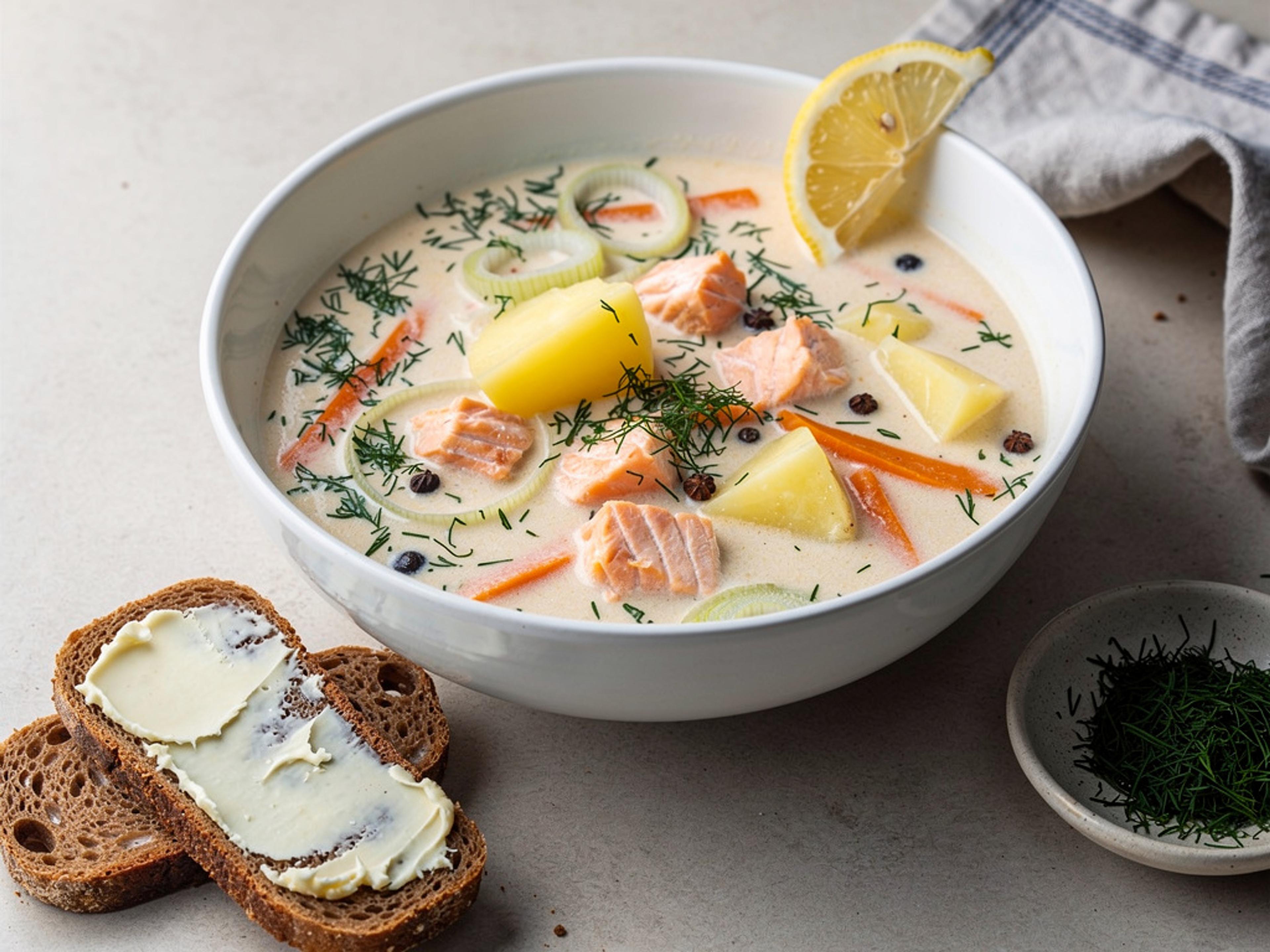 Bowl of creamy Finnish salmon soup with salmon cubes, potato, carrot and chopped dill, served with buttered rye bread