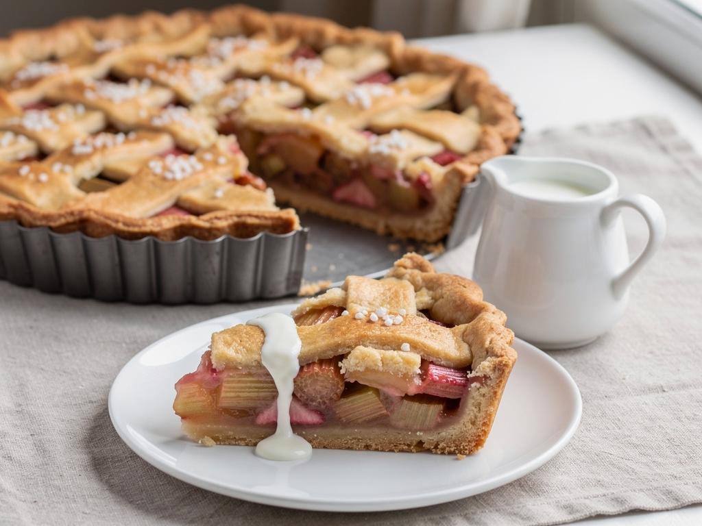 Rhubarb pie with a golden lattice crust in a tart pan, one slice on a plate with cream poured over it