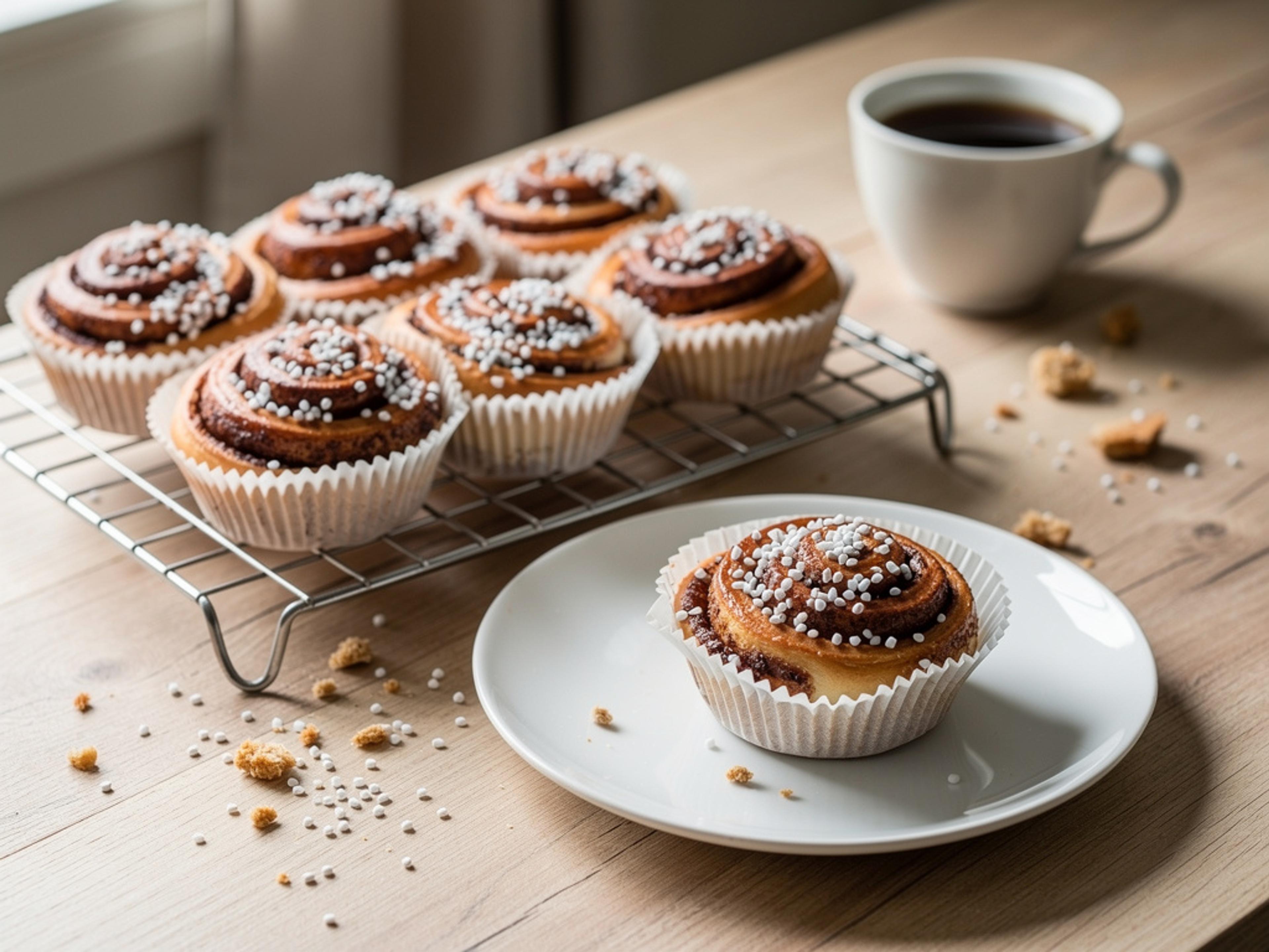 Swedish cinnamon buns in paper cases topped with pearl sugar, with a cup of coffee