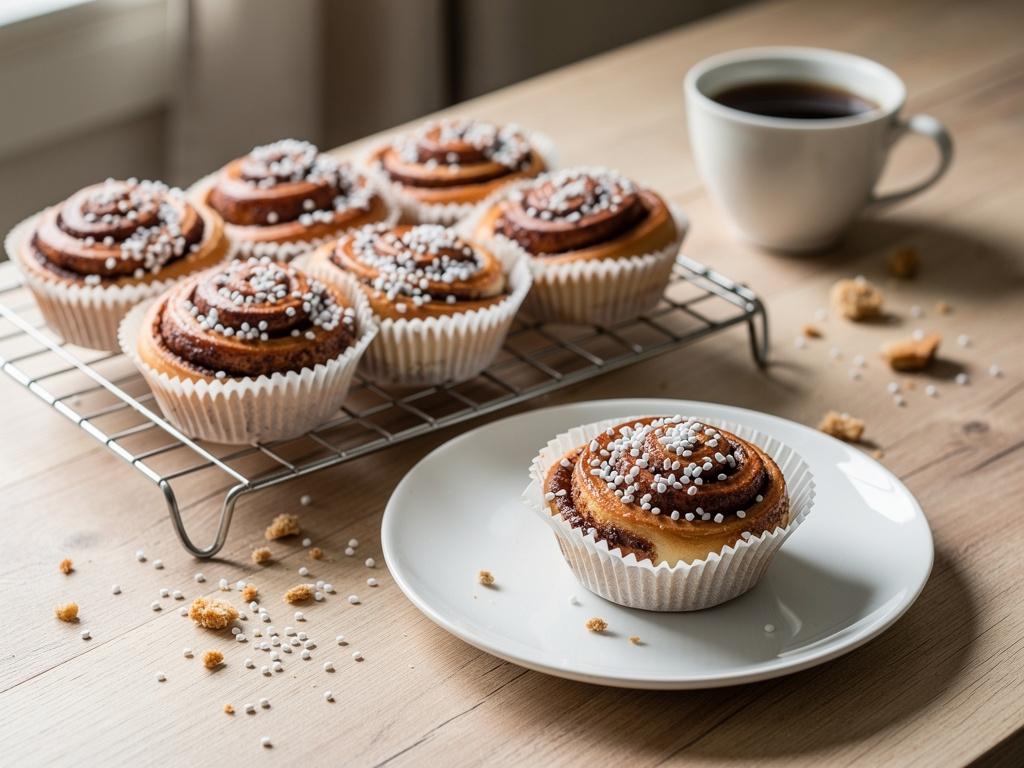 Swedish cinnamon buns in paper cases topped with pearl sugar, with a cup of coffee
