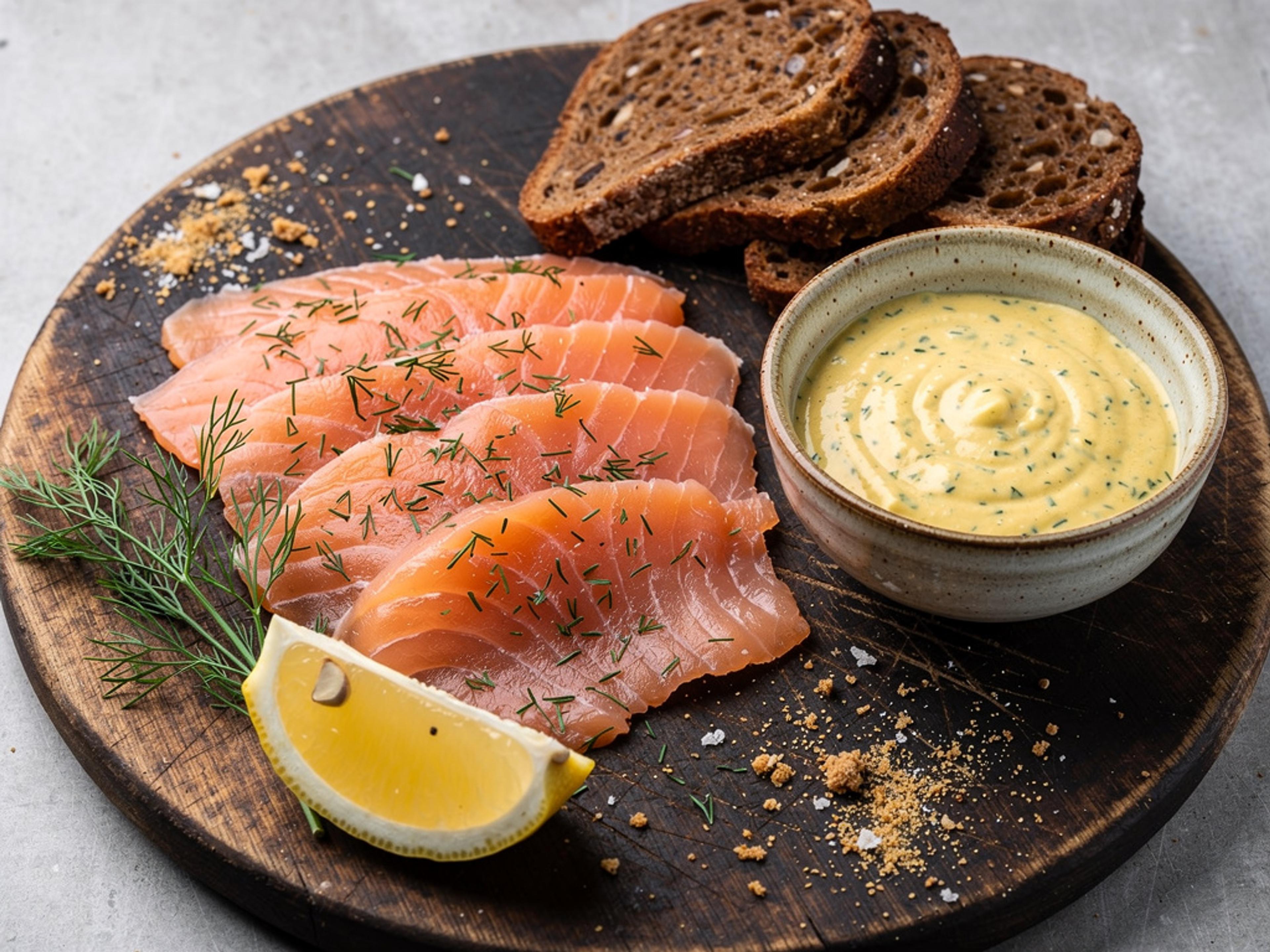 Thinly sliced gravlax fanned on a wooden board with dill and mustard sauce