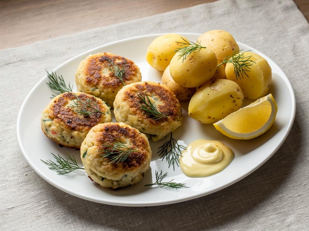 Golden brown Norwegian fish cakes on a plate with boiled potatoes, lemon, and dill.