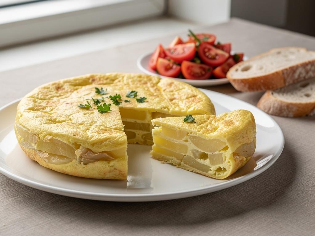 A thick Spanish potato omelette on a white plate with one wedge cut to show layers of potato and egg