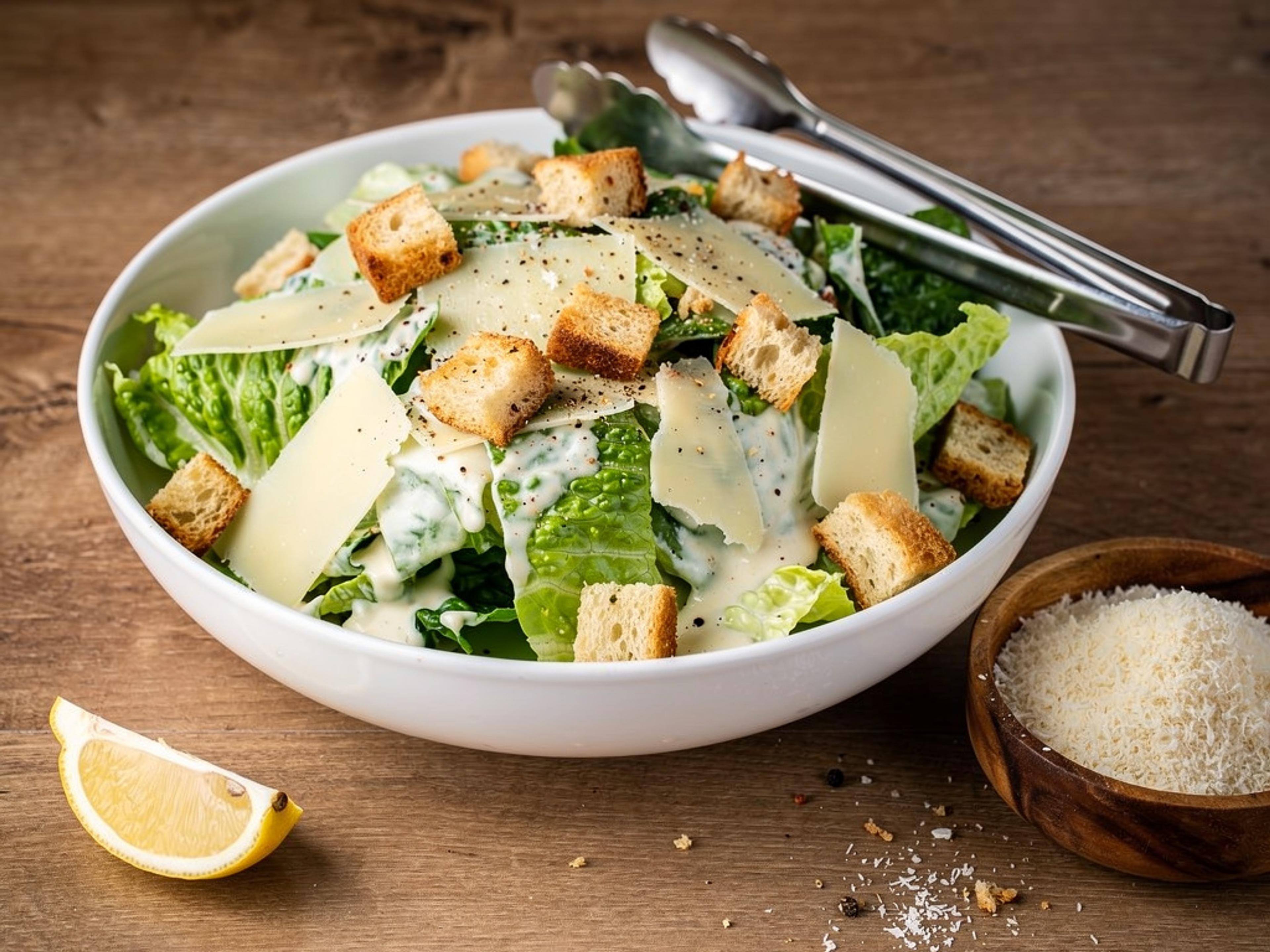 White bowl of Caesar salad with romaine leaves, croutons and shaved parmesan on a wooden table