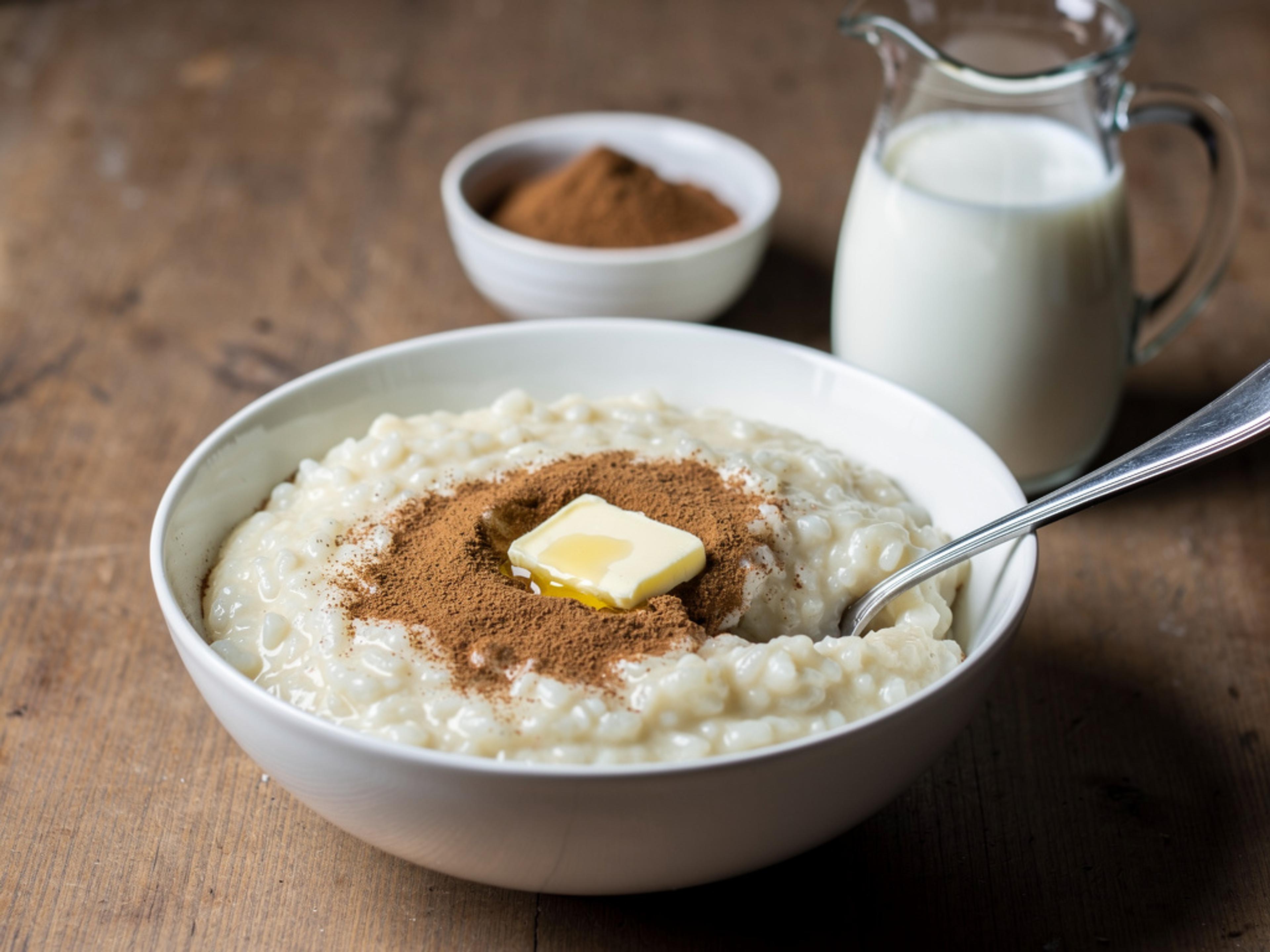 Bowl of creamy Swedish rice pudding topped with melting butter and cinnamon sugar, with cold milk alongside