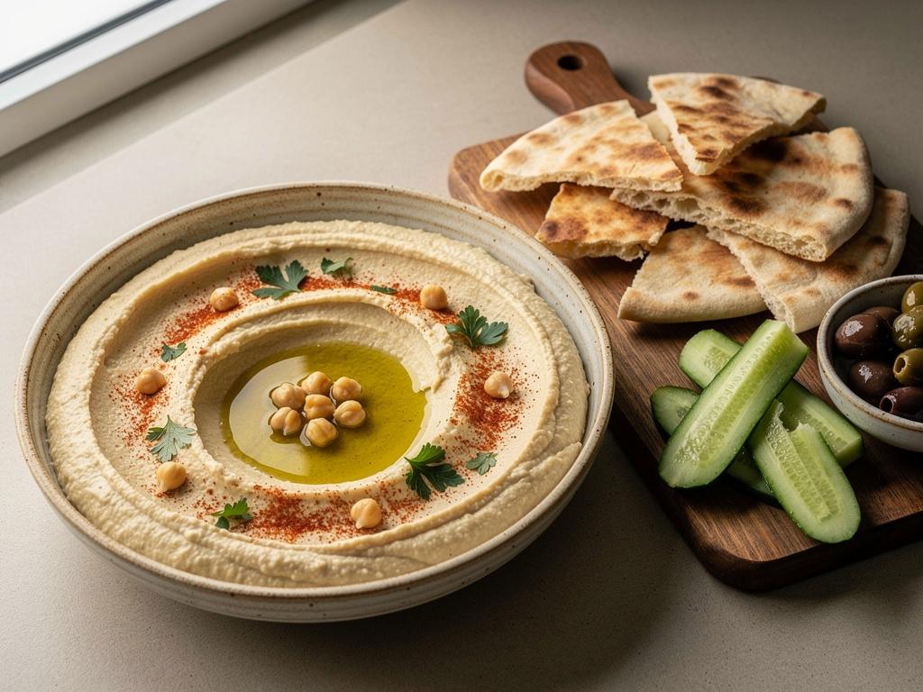 Bowl of smooth hummus topped with olive oil and paprika, served with wedges of warm pita bread