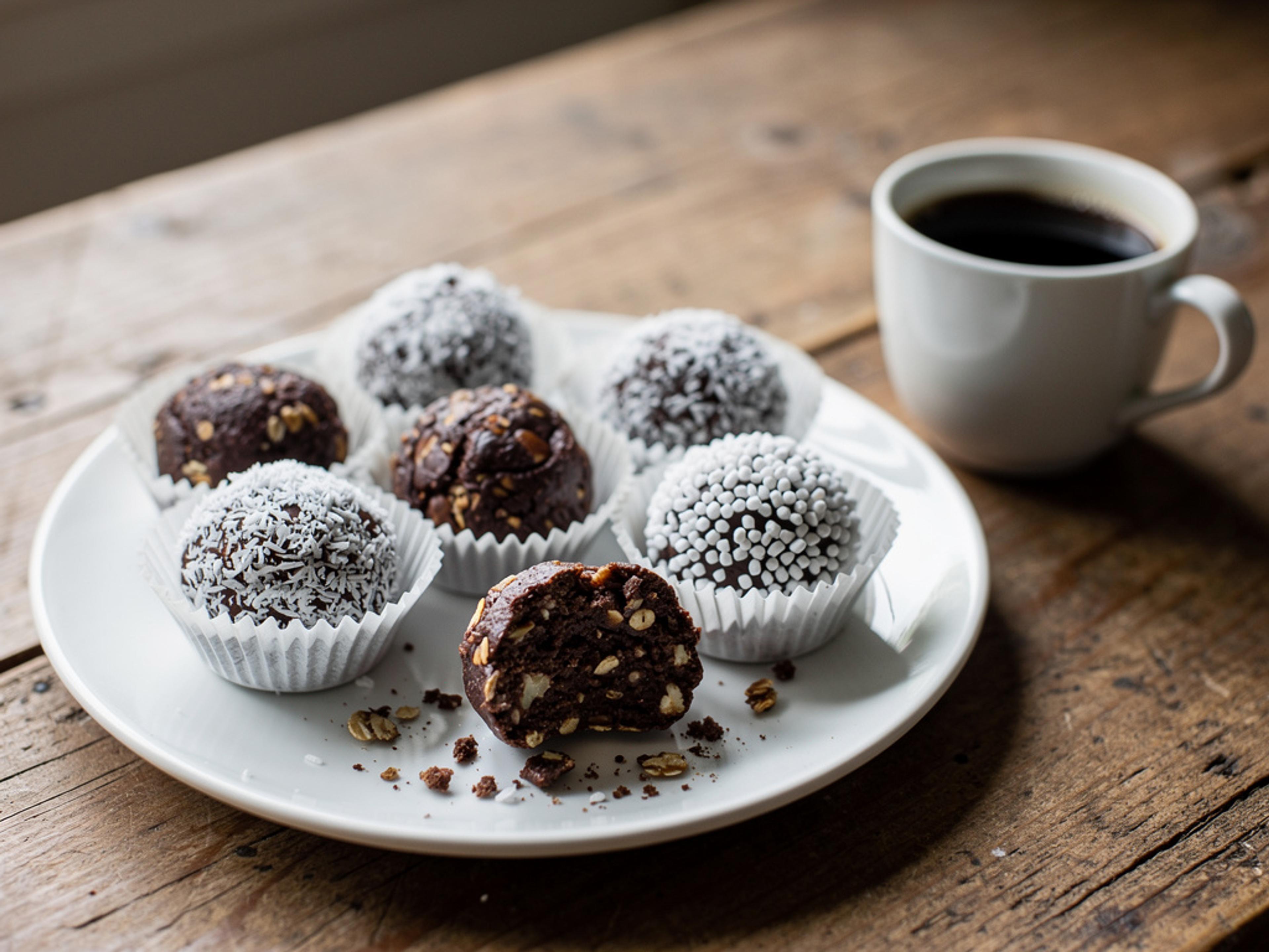 Swedish chocolate balls coated in shredded coconut and pearl sugar on a white plate with a cup of coffee