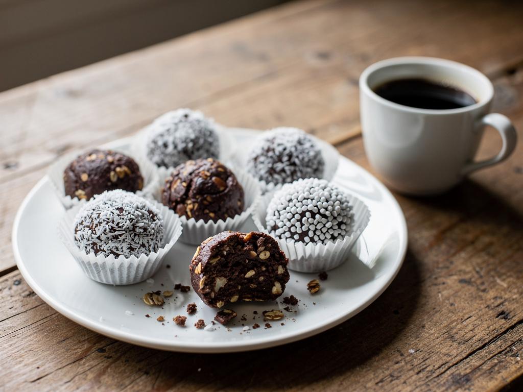 Swedish chocolate balls coated in shredded coconut and pearl sugar on a white plate with a cup of coffee