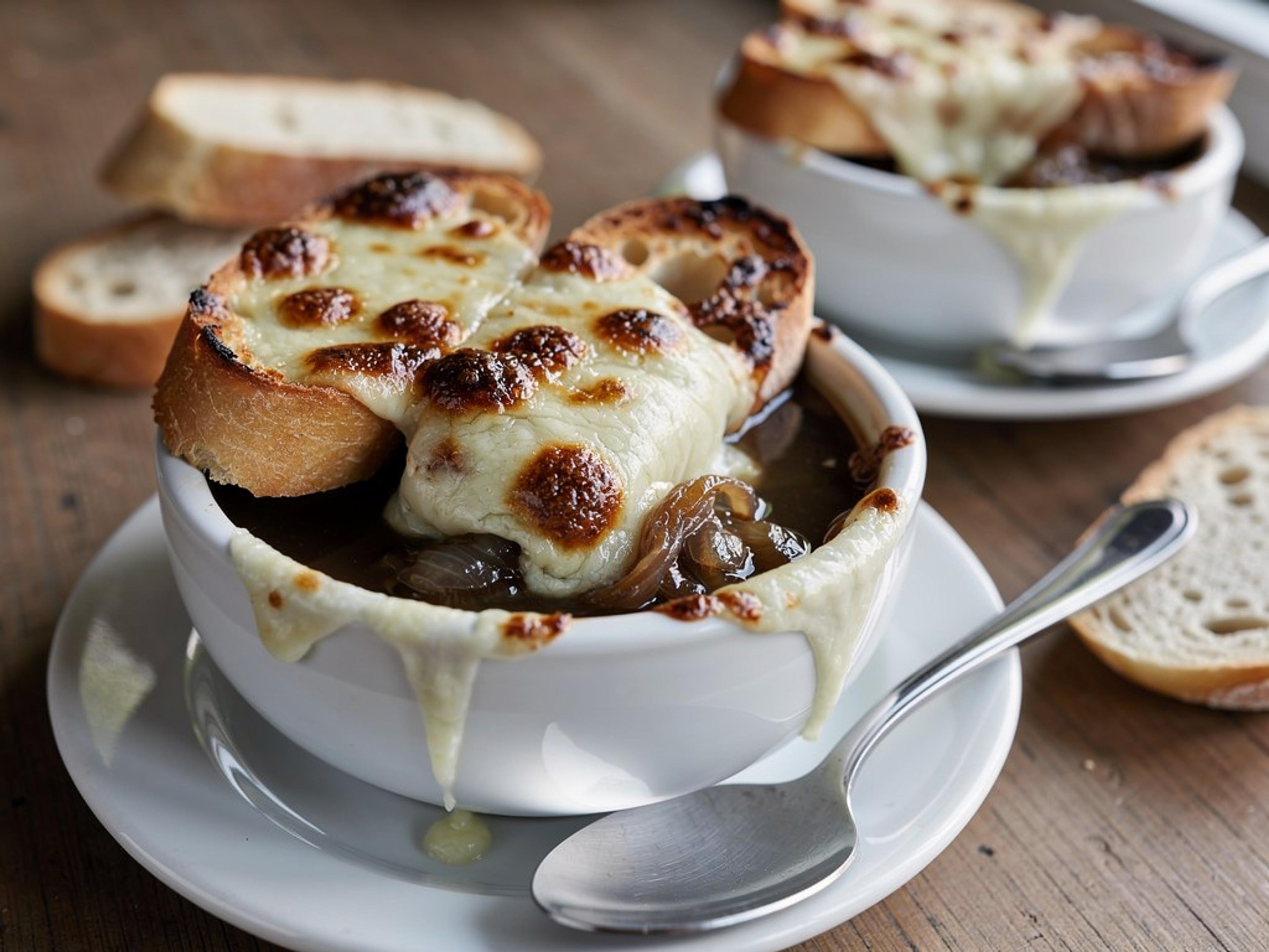 Bowl of French onion soup with a browned, bubbling cheese crust over baguette toast