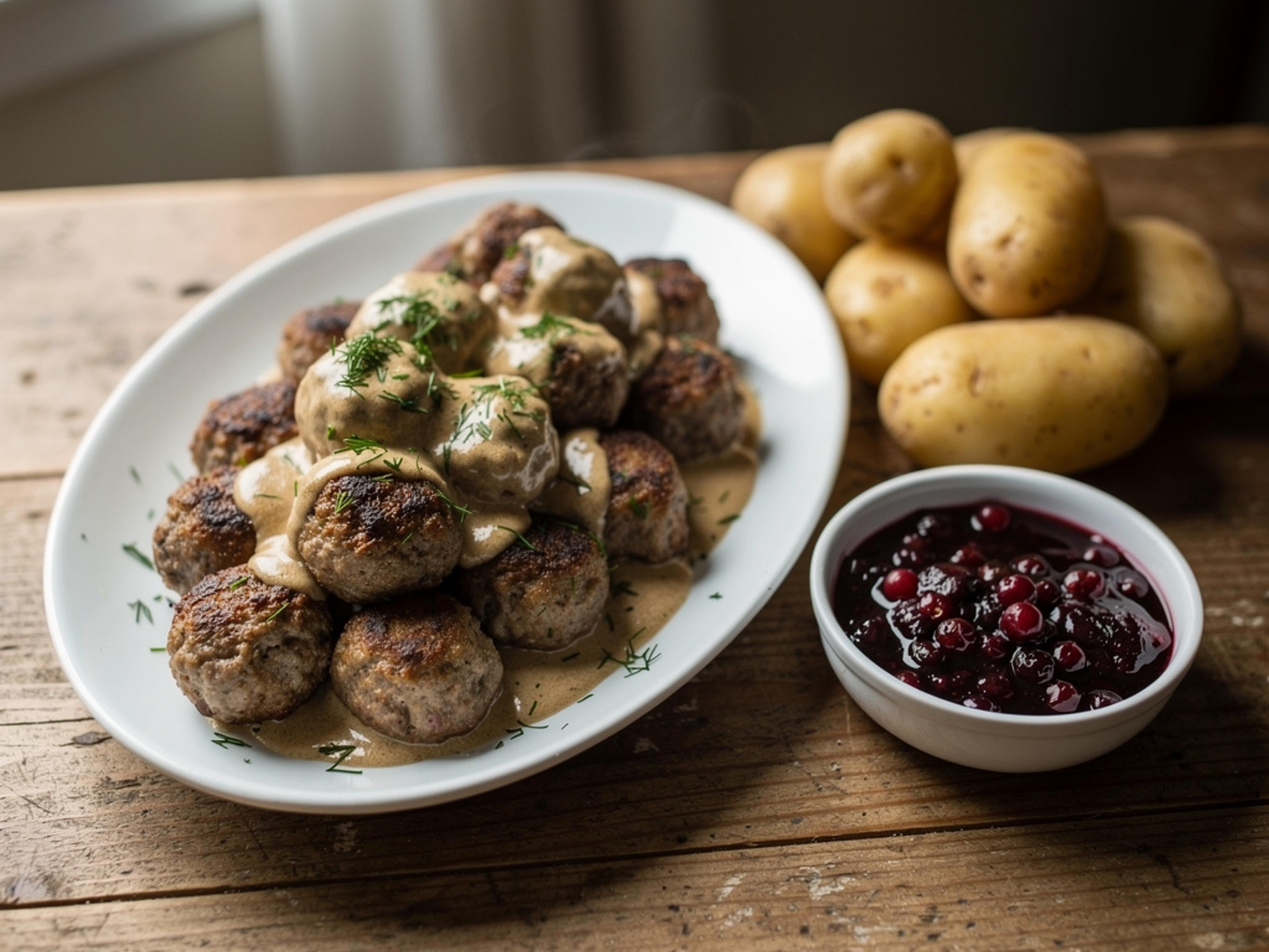Swedish meatballs in cream gravy served with boiled potatoes and lingonberry preserves