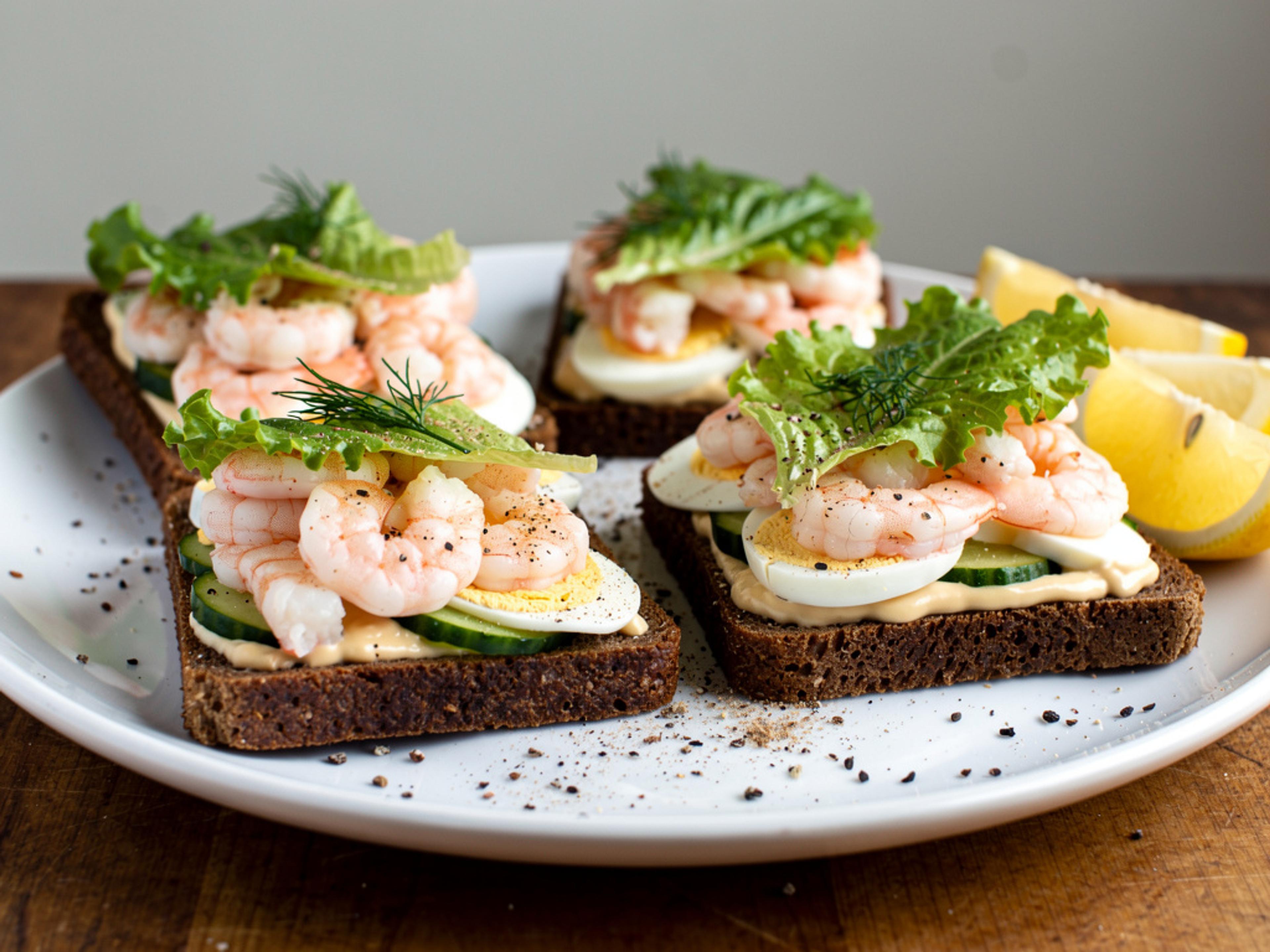 Open-faced rye sandwiches piled with small shrimp, egg slices, cucumber and dill, with lemon wedges on the side