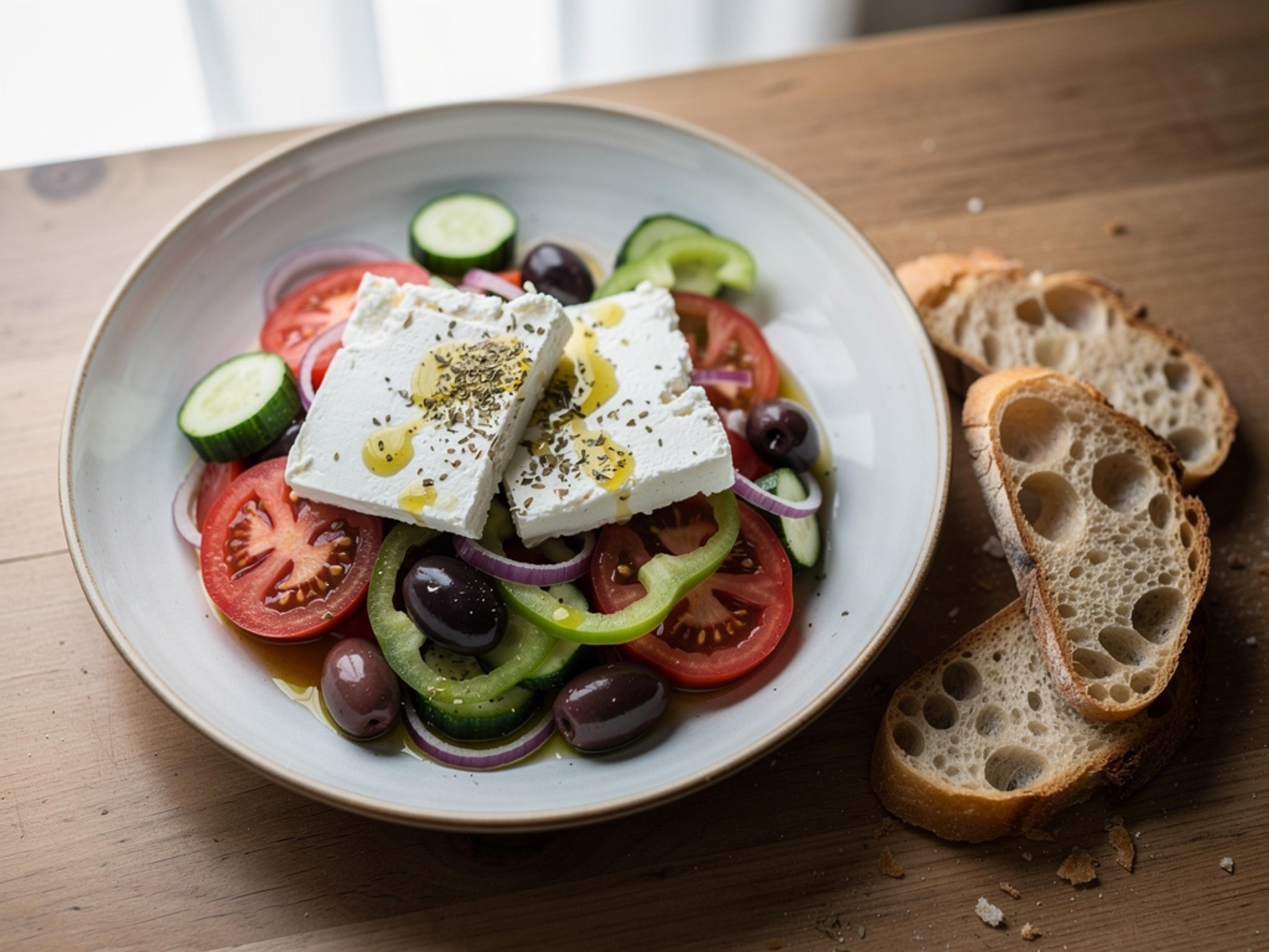 Greek salad with tomato wedges, cucumber, green bell pepper, red onion and olives topped with slabs of feta in a shallow ceramic bowl