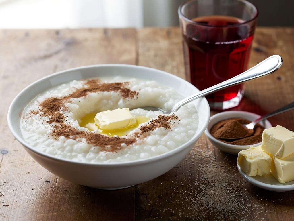 Bowl of Norwegian rice porridge with melted butter and cinnamon sugar on top