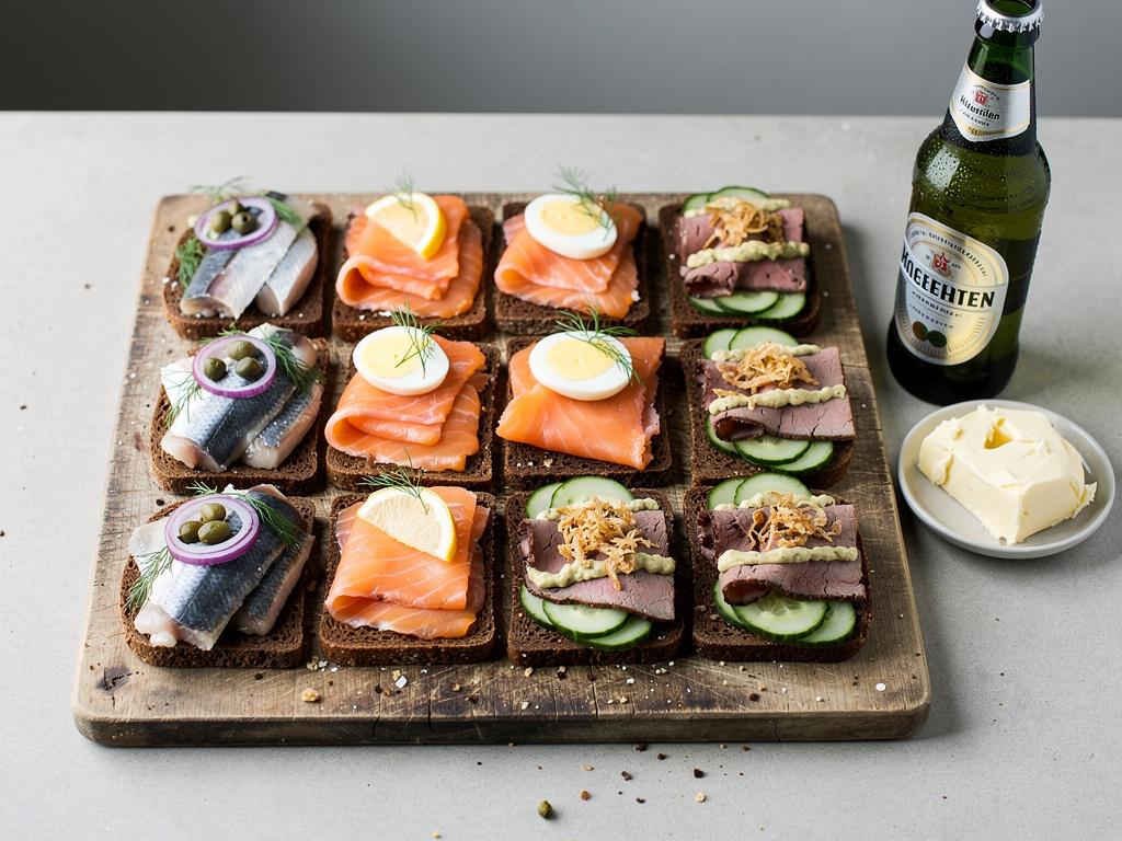 Twelve Danish open sandwiches on dark rye bread topped with pickled herring, smoked salmon with egg, and roast beef with remoulade and crispy onions