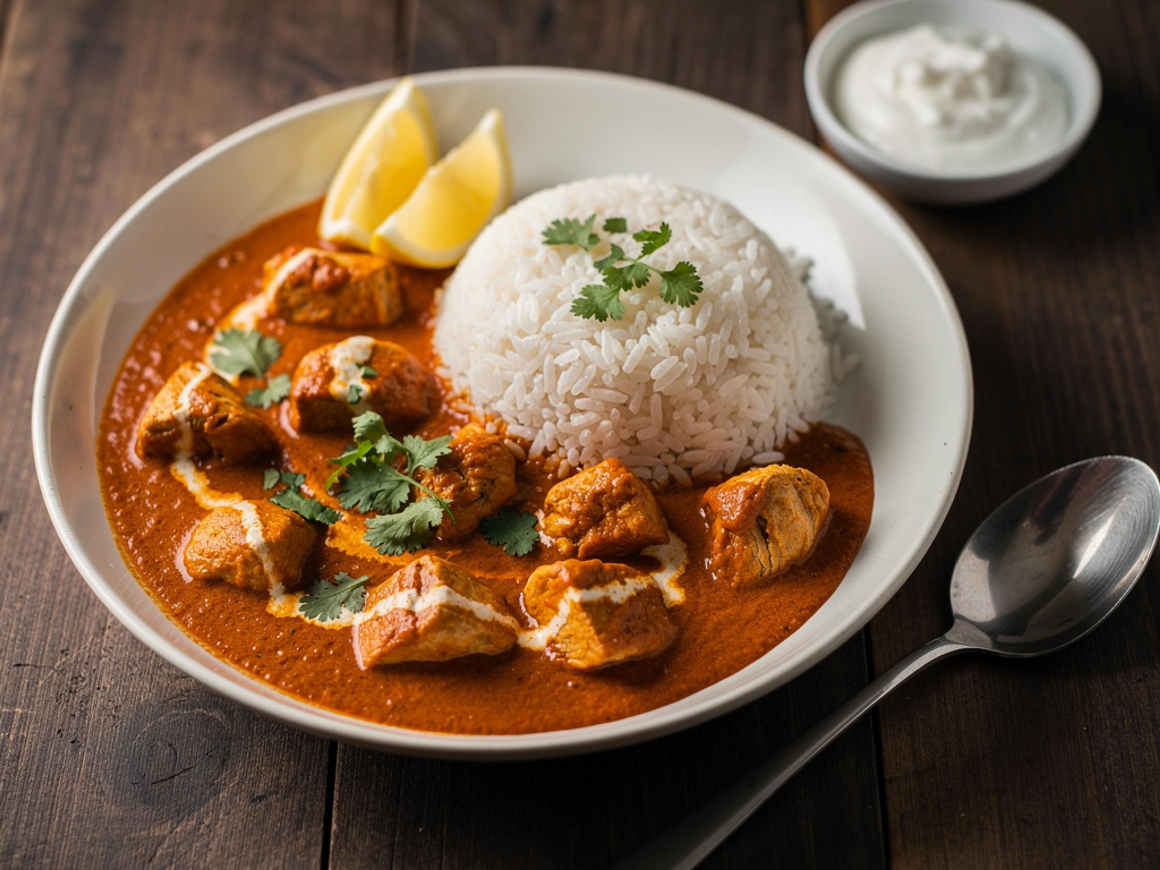 Bowl of chicken tikka masala in a creamy orange sauce with cilantro, served with white rice and lemon wedges