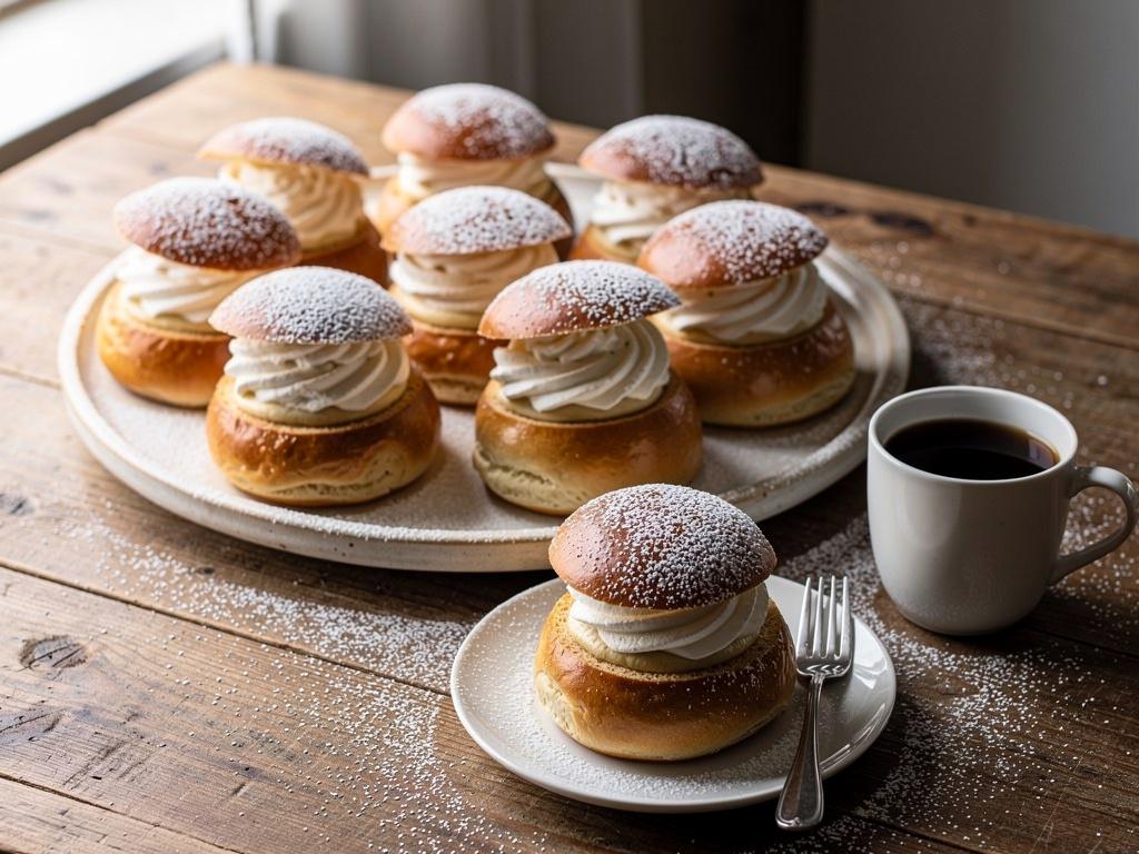 Swedish semlor, cardamom buns filled with almond paste and whipped cream, with sugar-dusted lids set on top