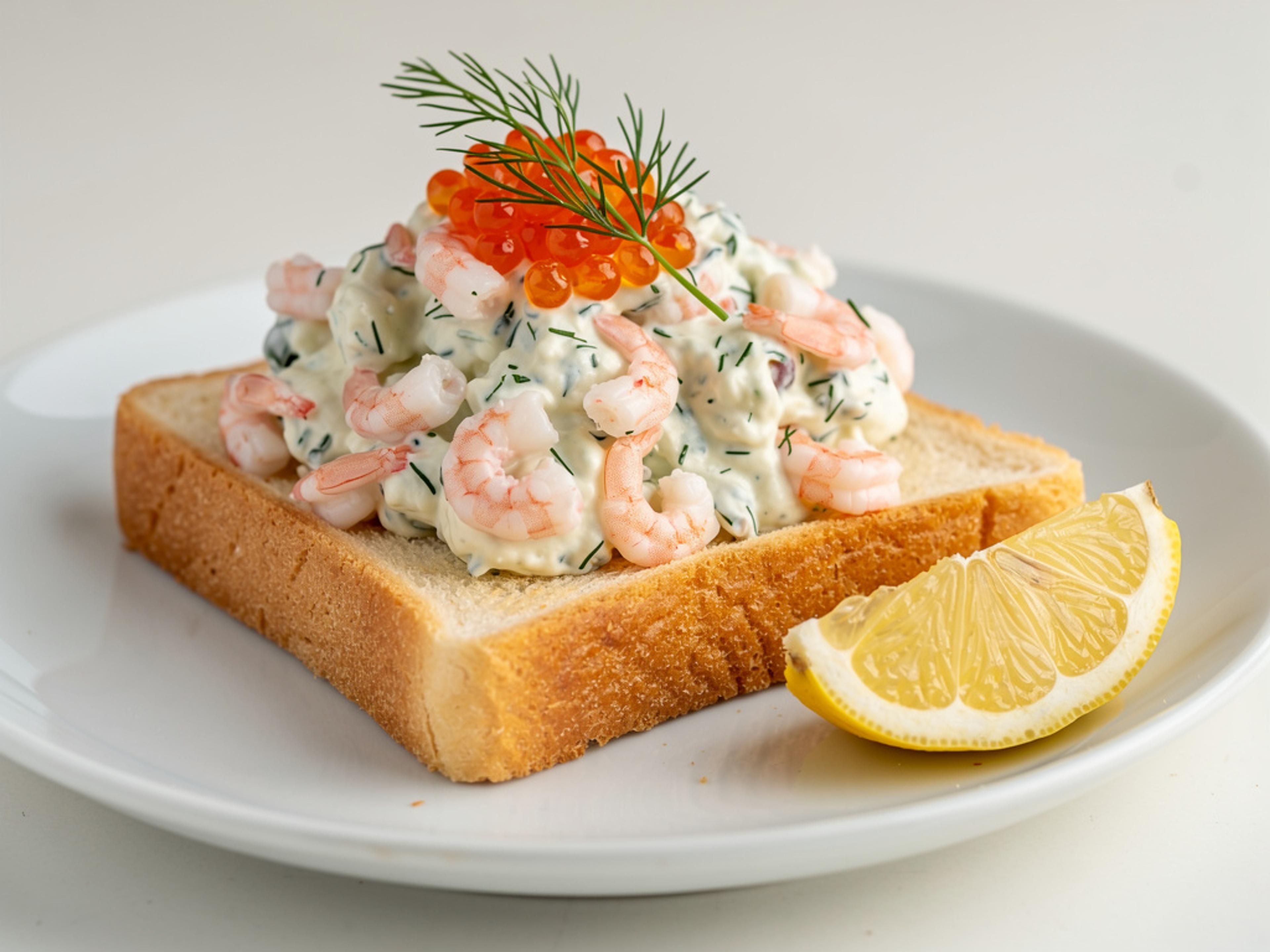 Toast Skagen: fried white bread topped with creamy dill shrimp salad, orange roe and a dill sprig, with a lemon wedge on the plate