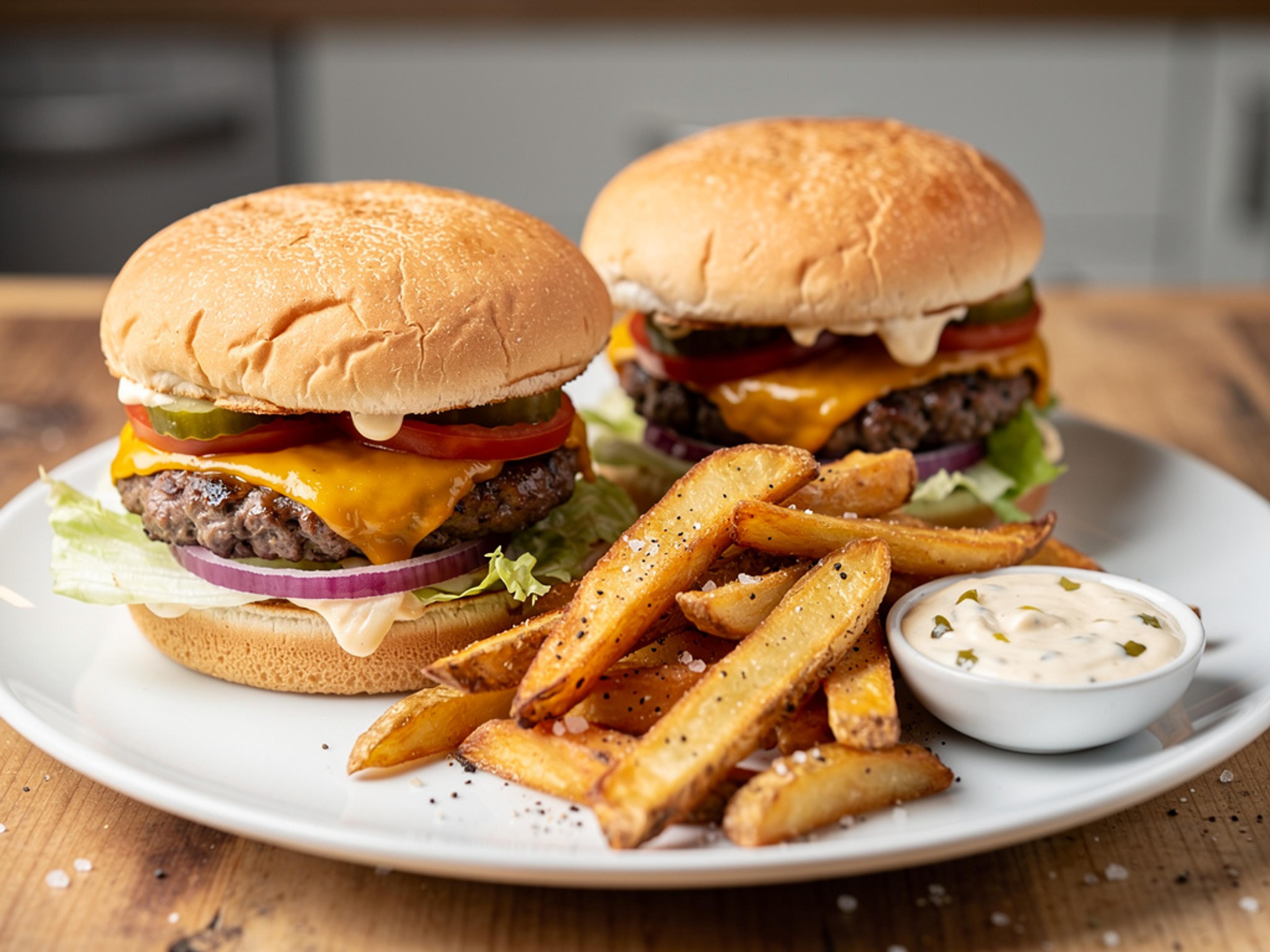 Two homemade cheeseburgers with lettuce, tomato and red onion on a white plate, with a pile of thick oven fries and a bowl of burger sauce