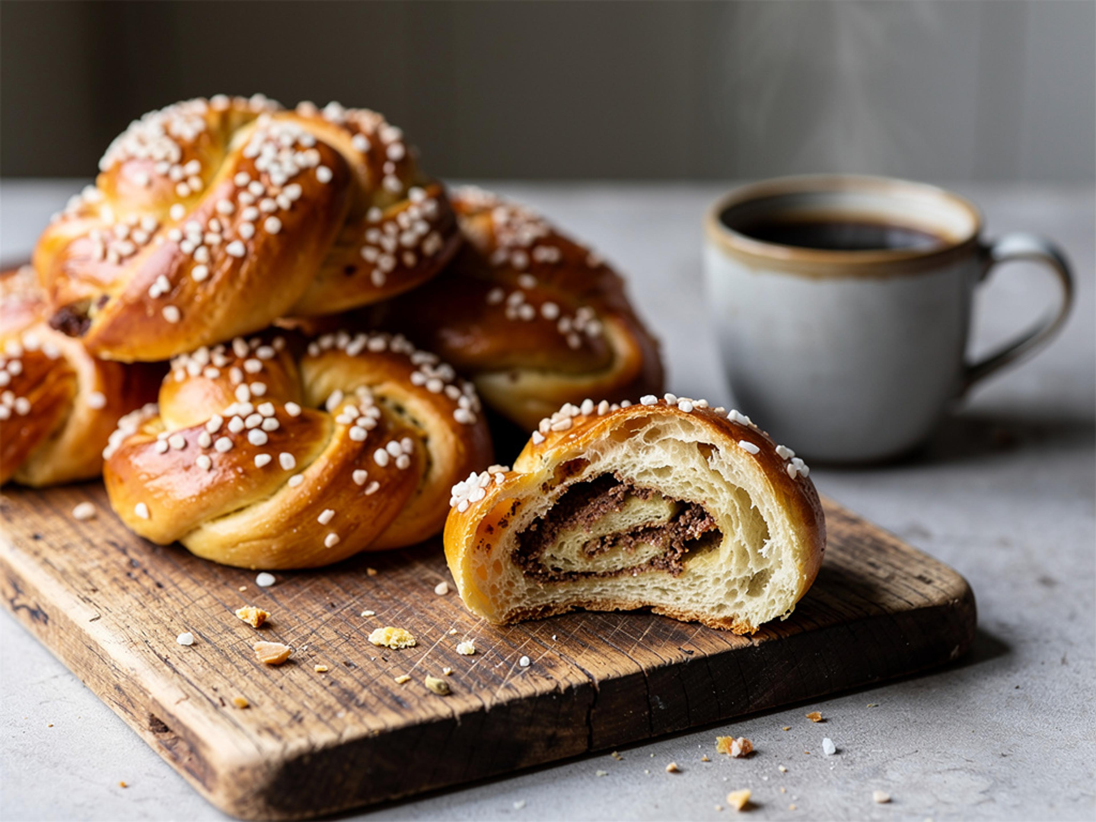 Golden Swedish cardamom buns topped with pearl sugar, one torn open to show the spiced filling, served with coffee