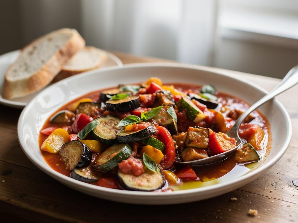 Shallow white bowl of ratatouille with eggplant, zucchini, and bell pepper in thick tomato sauce, topped with torn basil