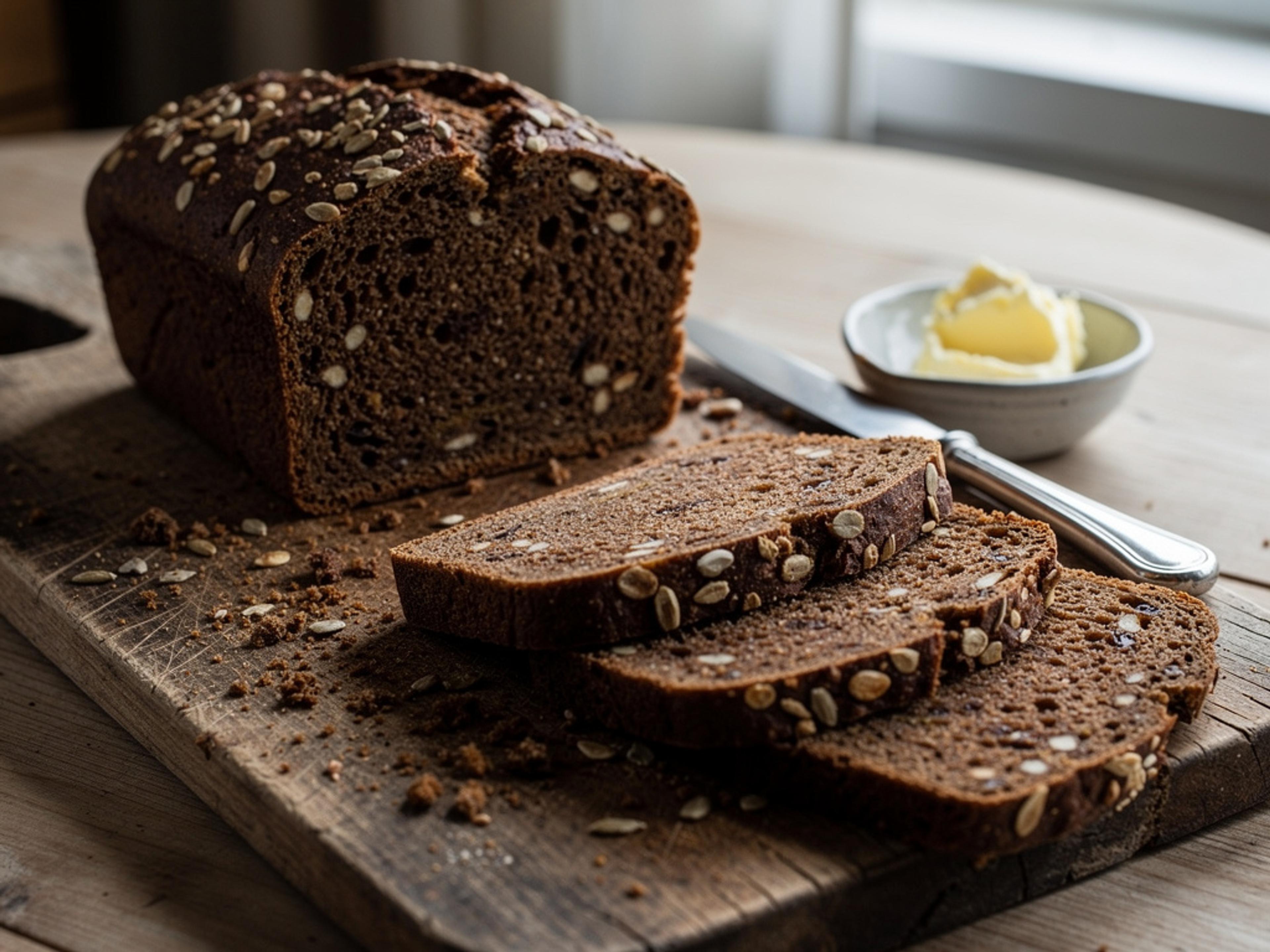 Sliced Danish rye bread with visible whole rye kernels, resting on a wooden board.