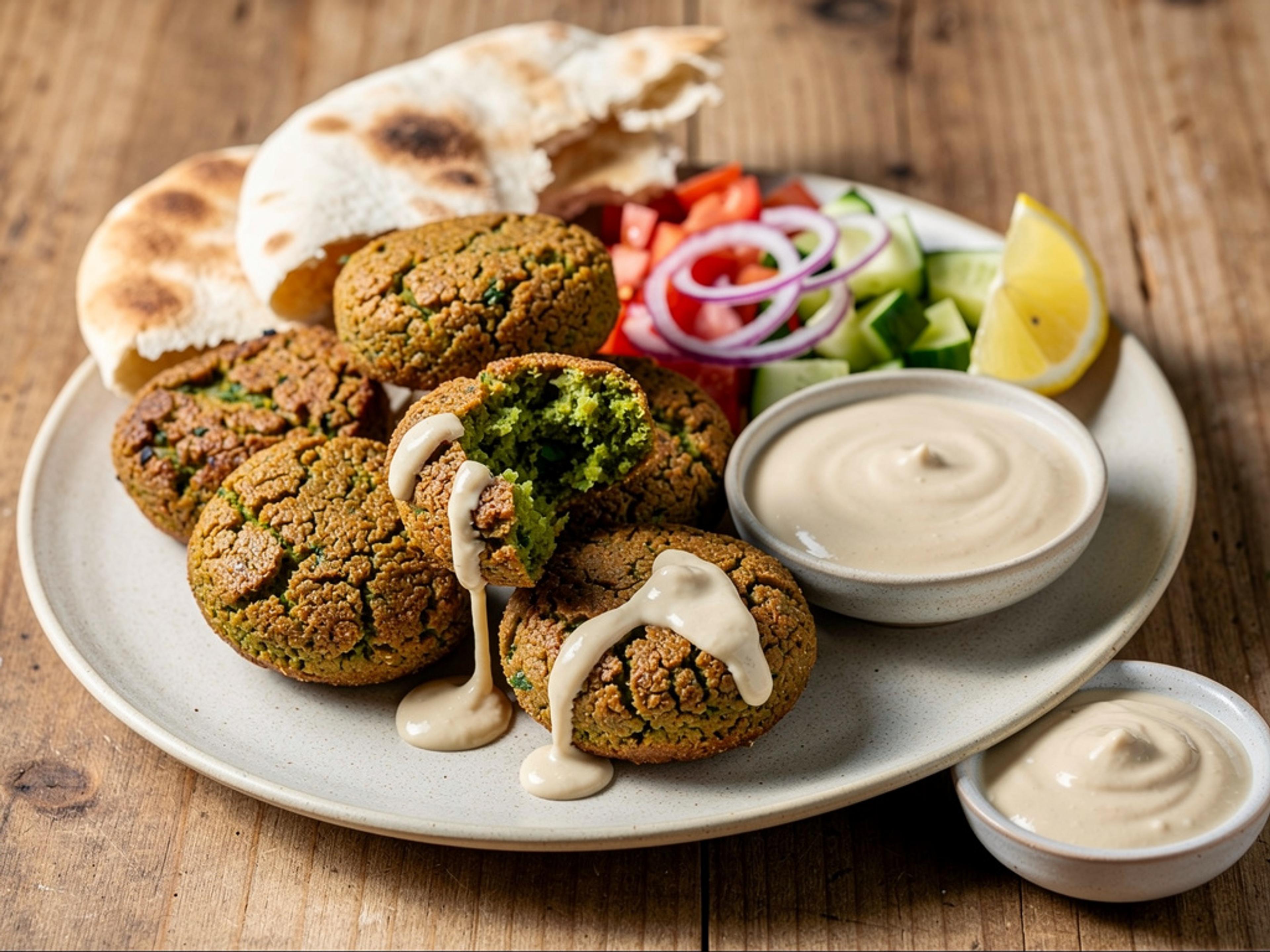 Crisp golden falafel patties on a plate with tahini sauce, pita bread, chopped tomato, cucumber and red onion