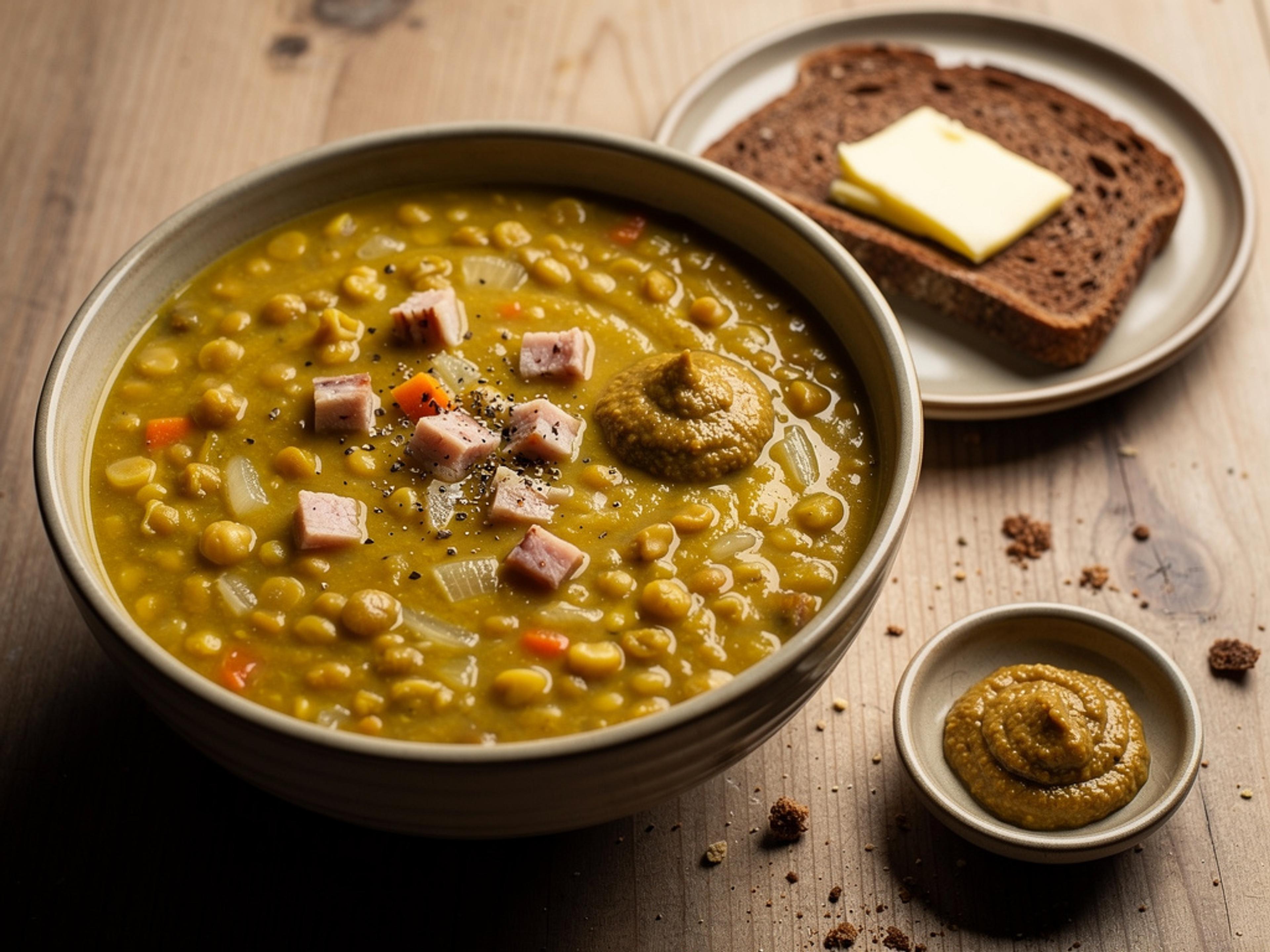Deep bowl of thick yellow Swedish pea soup with cubes of pork and a spoonful of mustard, served with buttered rye bread