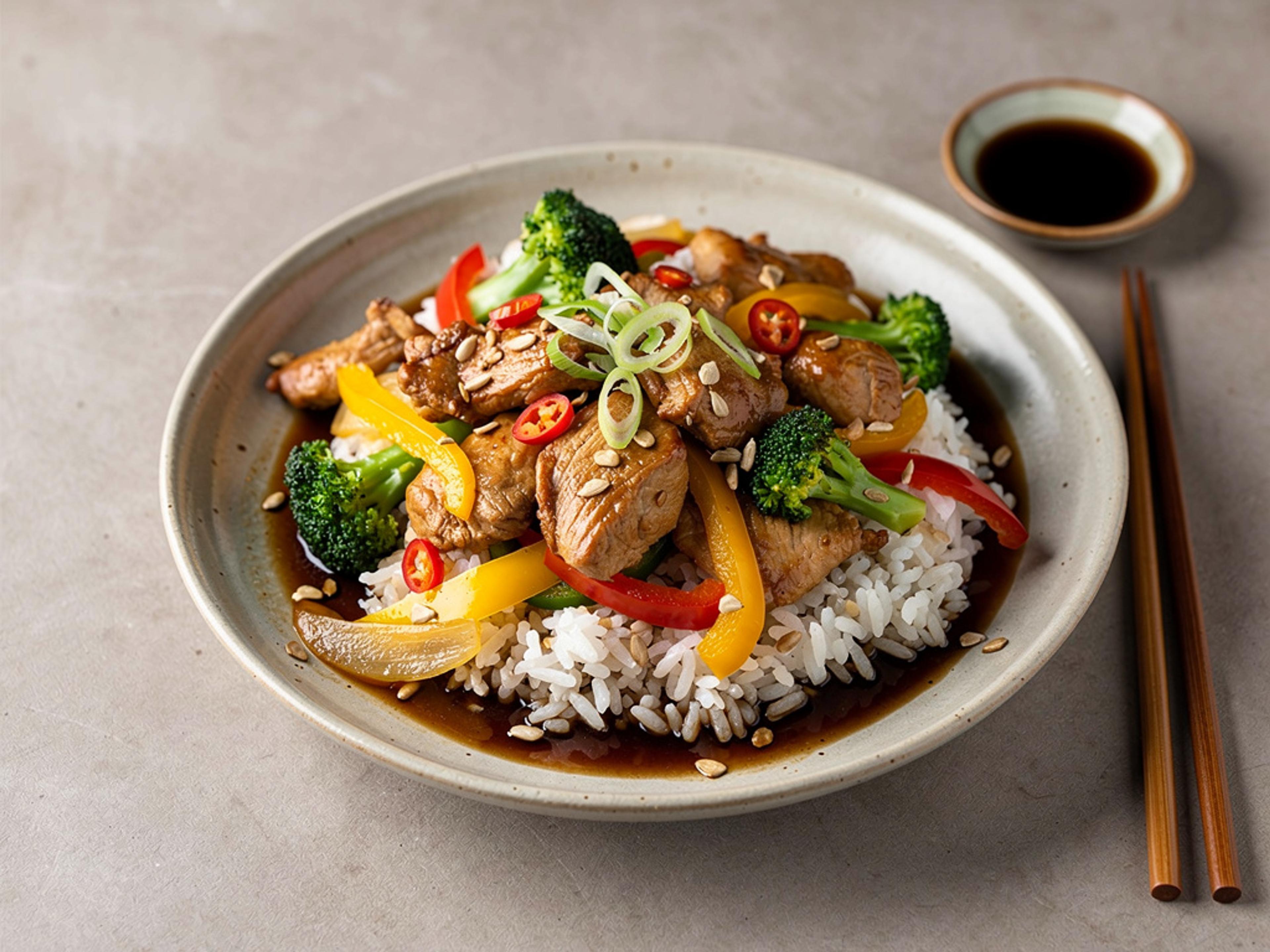 Chicken stir fry with broccoli and bell peppers in a glossy soy sauce, served over jasmine rice in a wide bowl