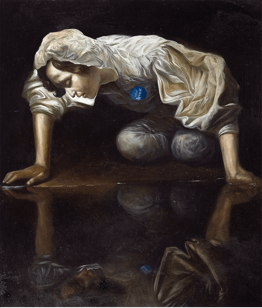 Il Narciso di Caravaggio che indossa una tuta Dupont