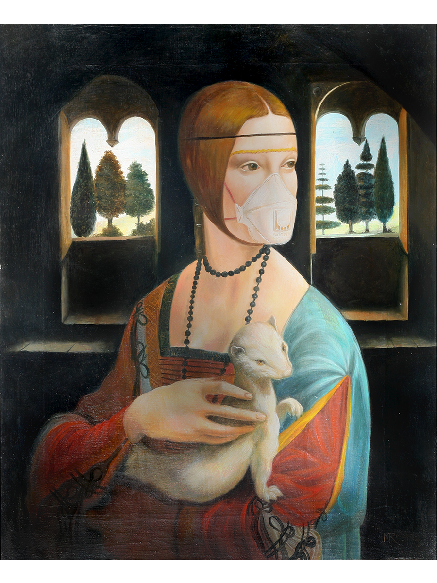 La dama con l'ermellino che indossa una maschera stile ffp2