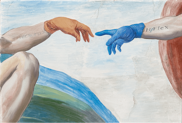 Dio e Adamo indossano dei guanti monouso Ansell