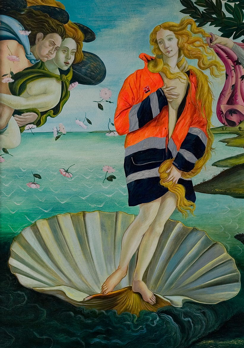 La venere di Botticelli con indosso una tuta ad alta visibilità Payper