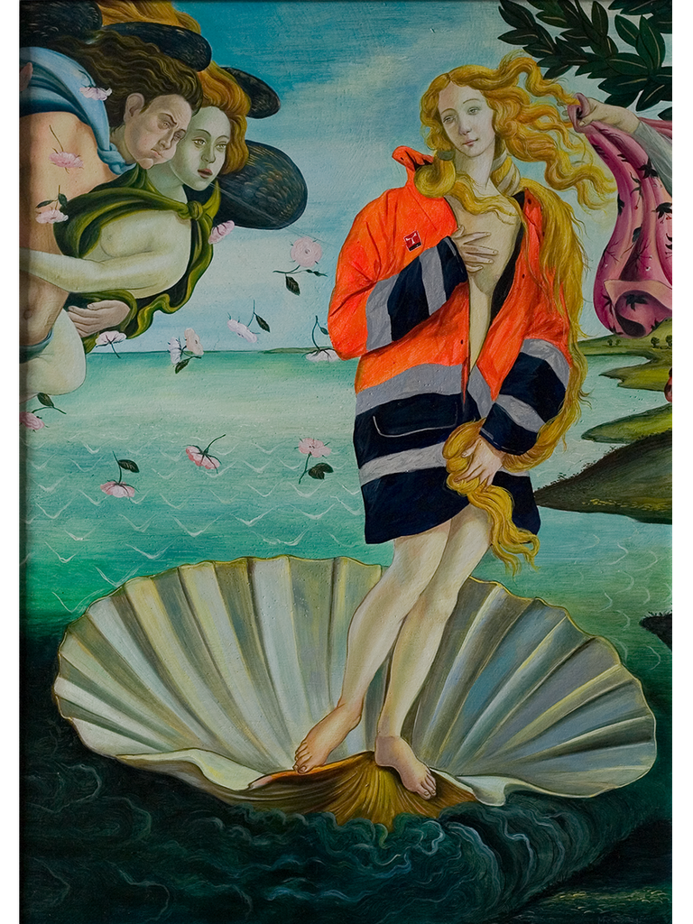 La venere di Botticelli con indosso una tuta ad alta visibilità Payper