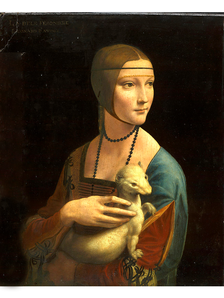Dipinto ad olio raffigurante una donna che tiene in braccio un ermellino