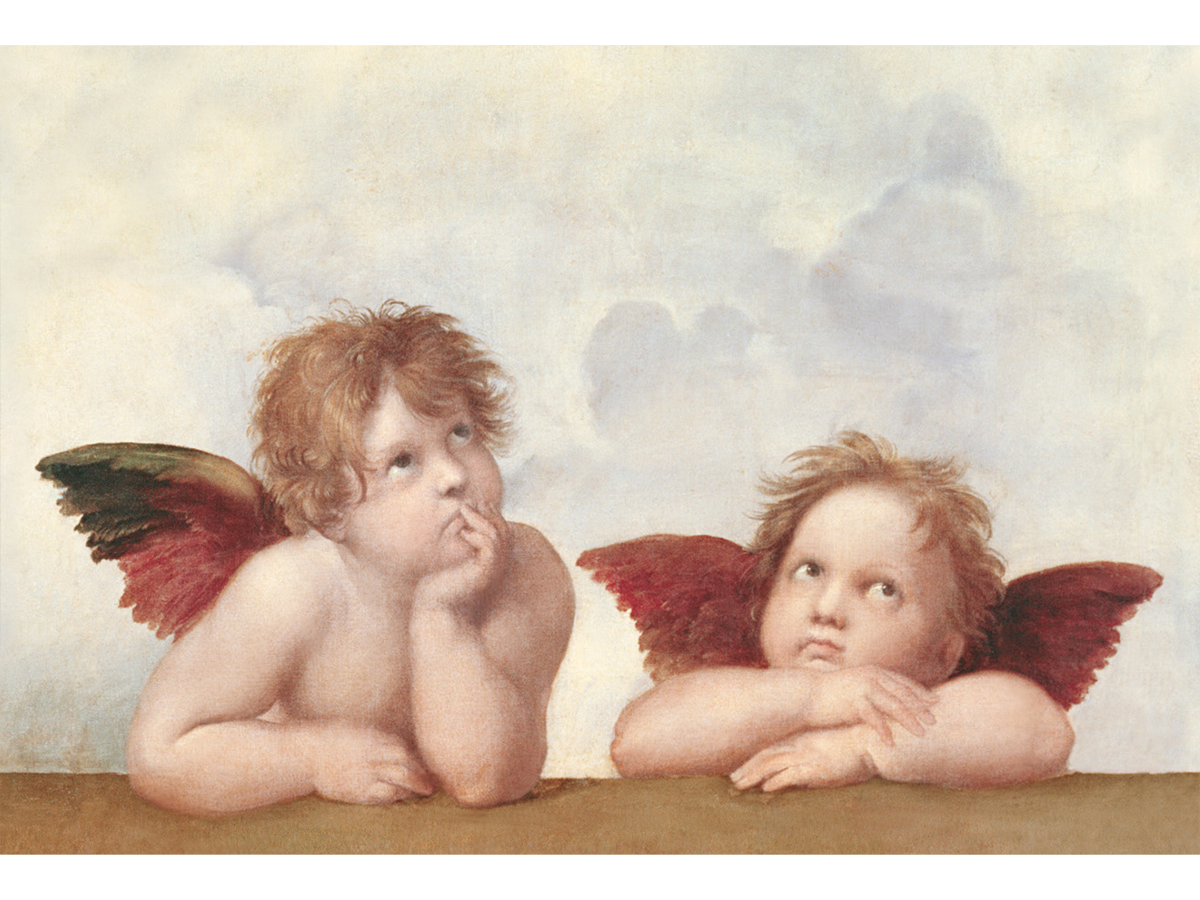 Dettaglio dell'opera "Madonna Sistina" che raffigura due angioletti annoiati