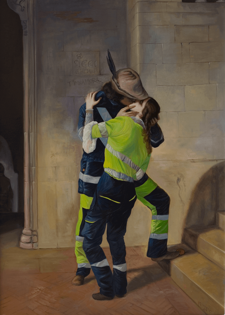 Gli innamorati de il bacio di hayez indossano una tuta ad alta visibilità siggi