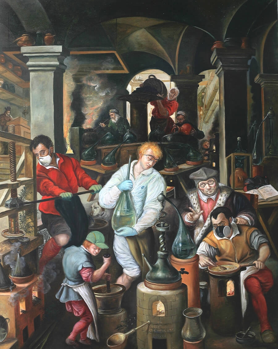 Una scena vivace che raffigura vari personaggi con indosso dei dpi nel quadro di giovanni stradano il laboratorio dell'alchimista