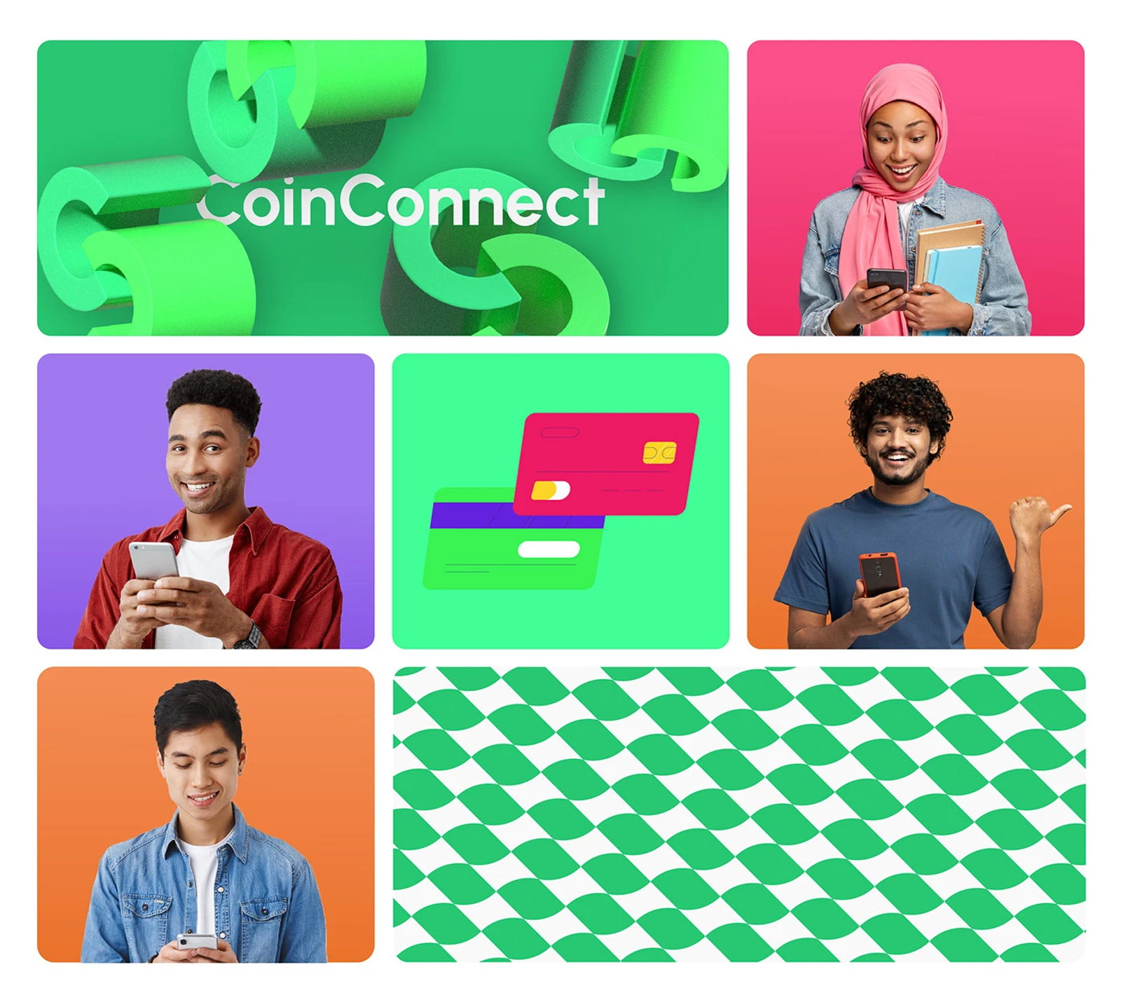 Marketing collage with 3D assets, photography, and brand patterns