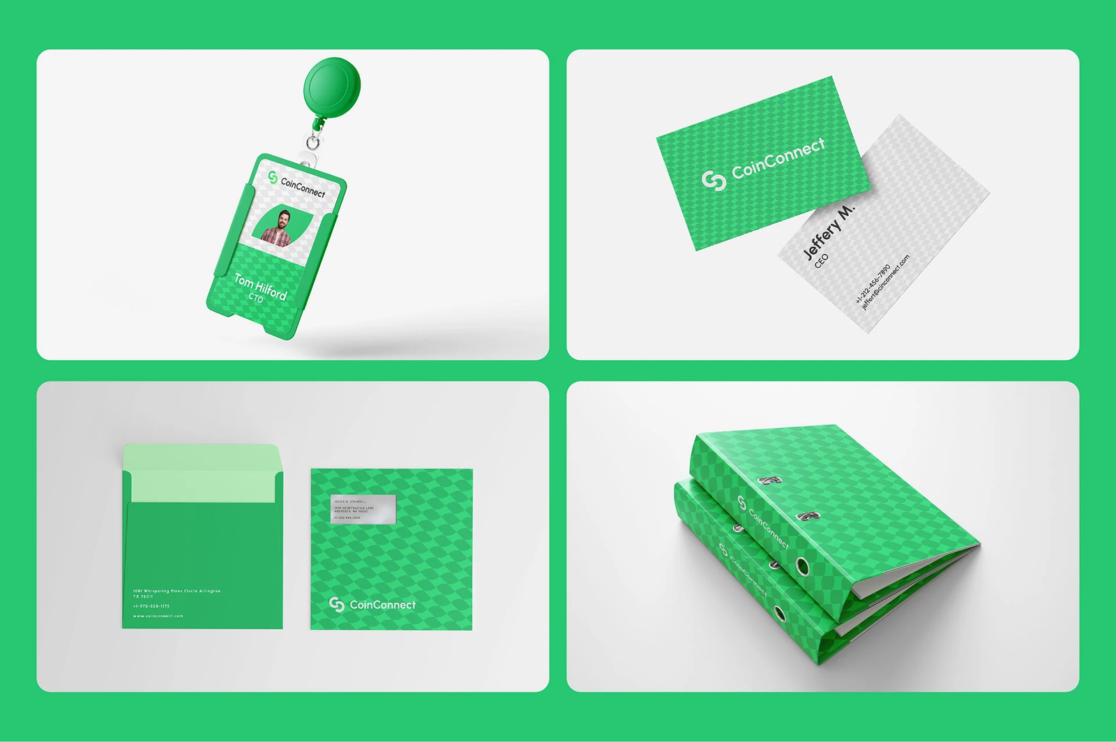 Brand collateral: ID badge, business cards, envelope, and binder
