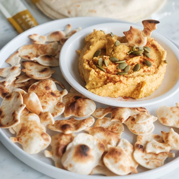 Halloween Tortilla Chips with Pumpkin Hummus