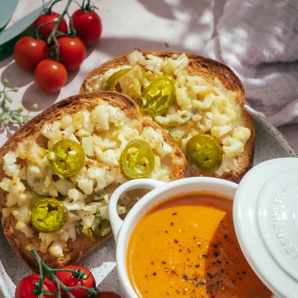 Cheesy Jalapeno Cauliflower Melt with Tomato Basil Bisque