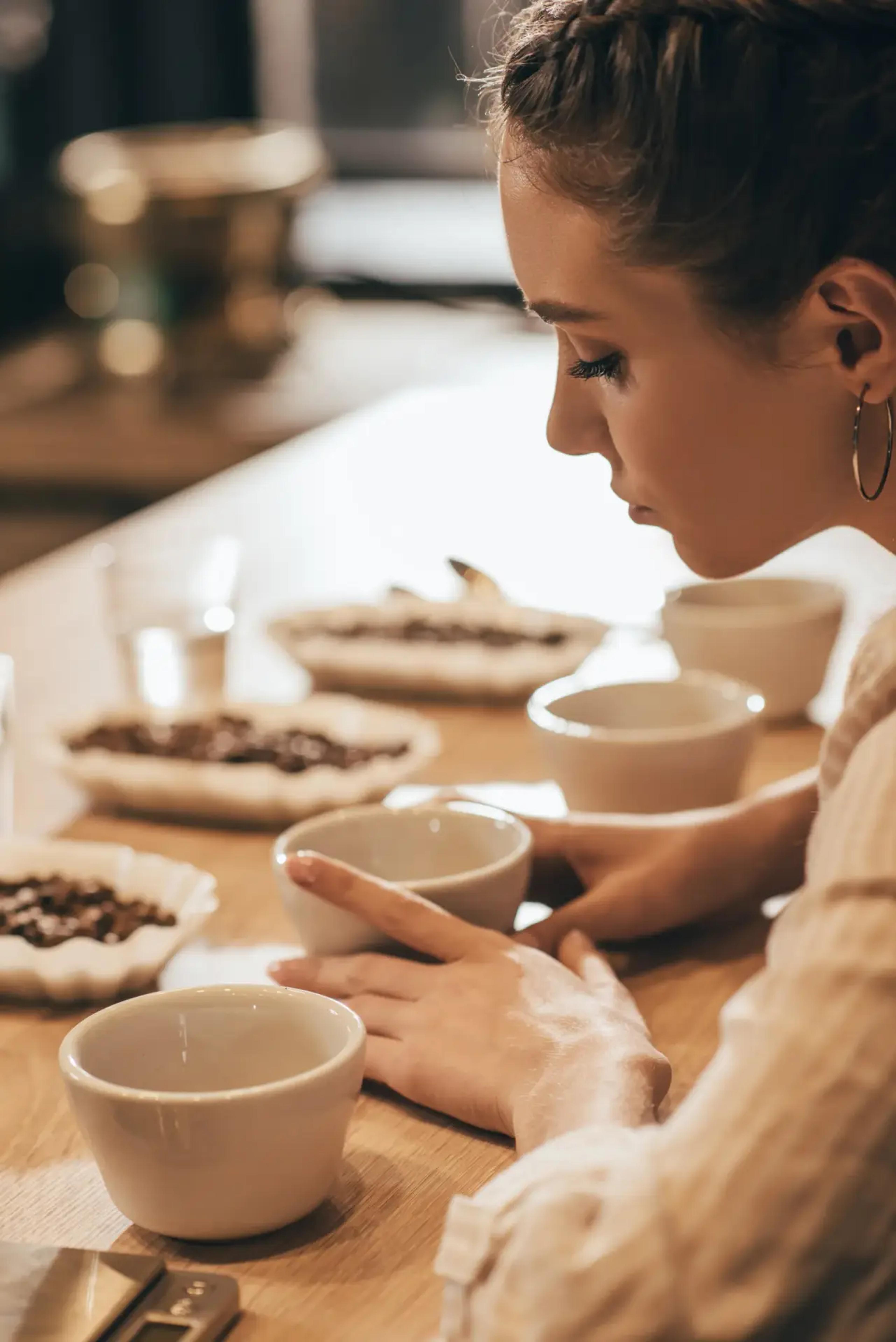 Evaluating cupping bowls of roasted coffee during a training session