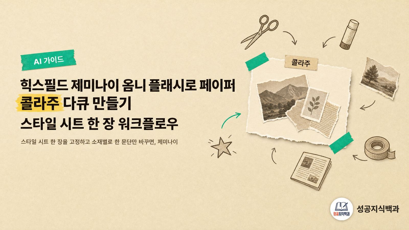 힉스필드 제미나이 옴니 플래시로 페이퍼 콜라주 다큐 만들기: 스타일 시트 한 장 워크플로우 커버 이미지