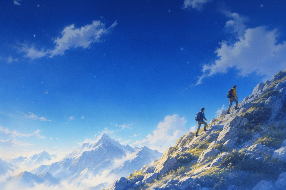 Illustration of two hikers climbing a rocky ridge toward the summit, with snow-capped peaks below a deep blue sky.