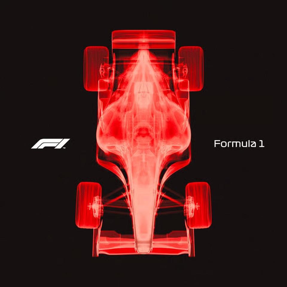 A red X-ray-style illustration of a Formula 1 car on black, with the Formula 1 logo.