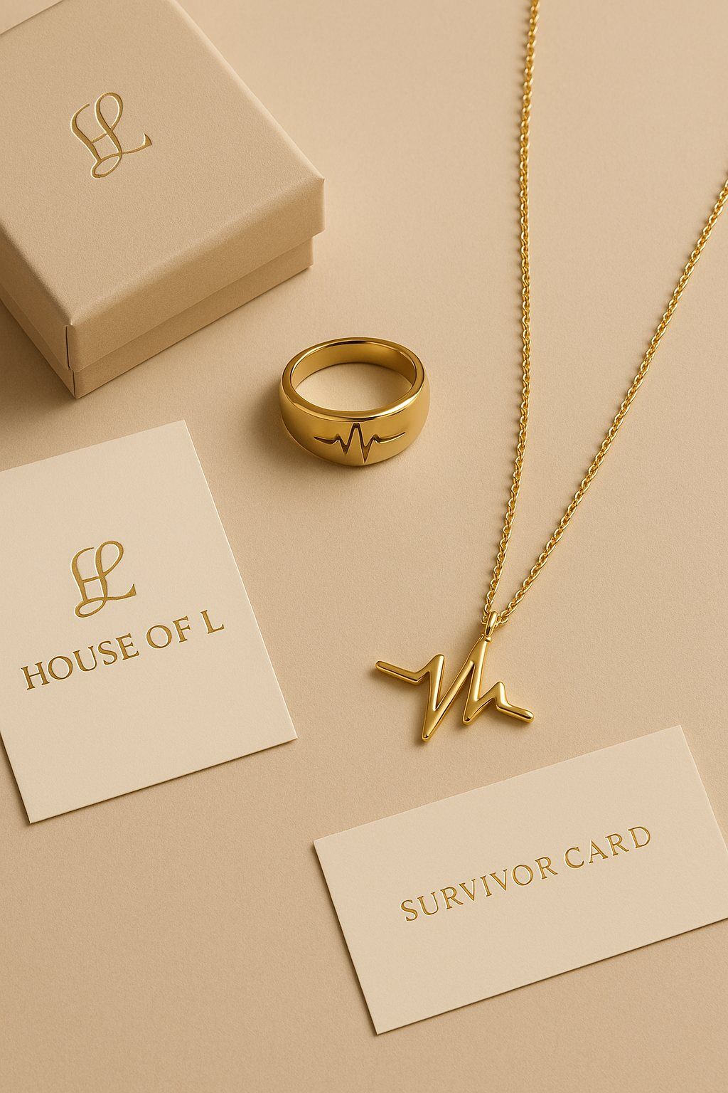 Survivor-ring och halsband med EKG-motiv bredvid House Of L-askar