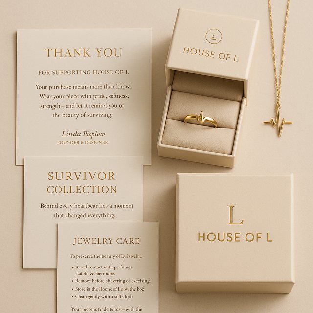 Tackkort signerat Linda Pieplow tillsammans med Survivor-ring och halsband i House Of L-ask